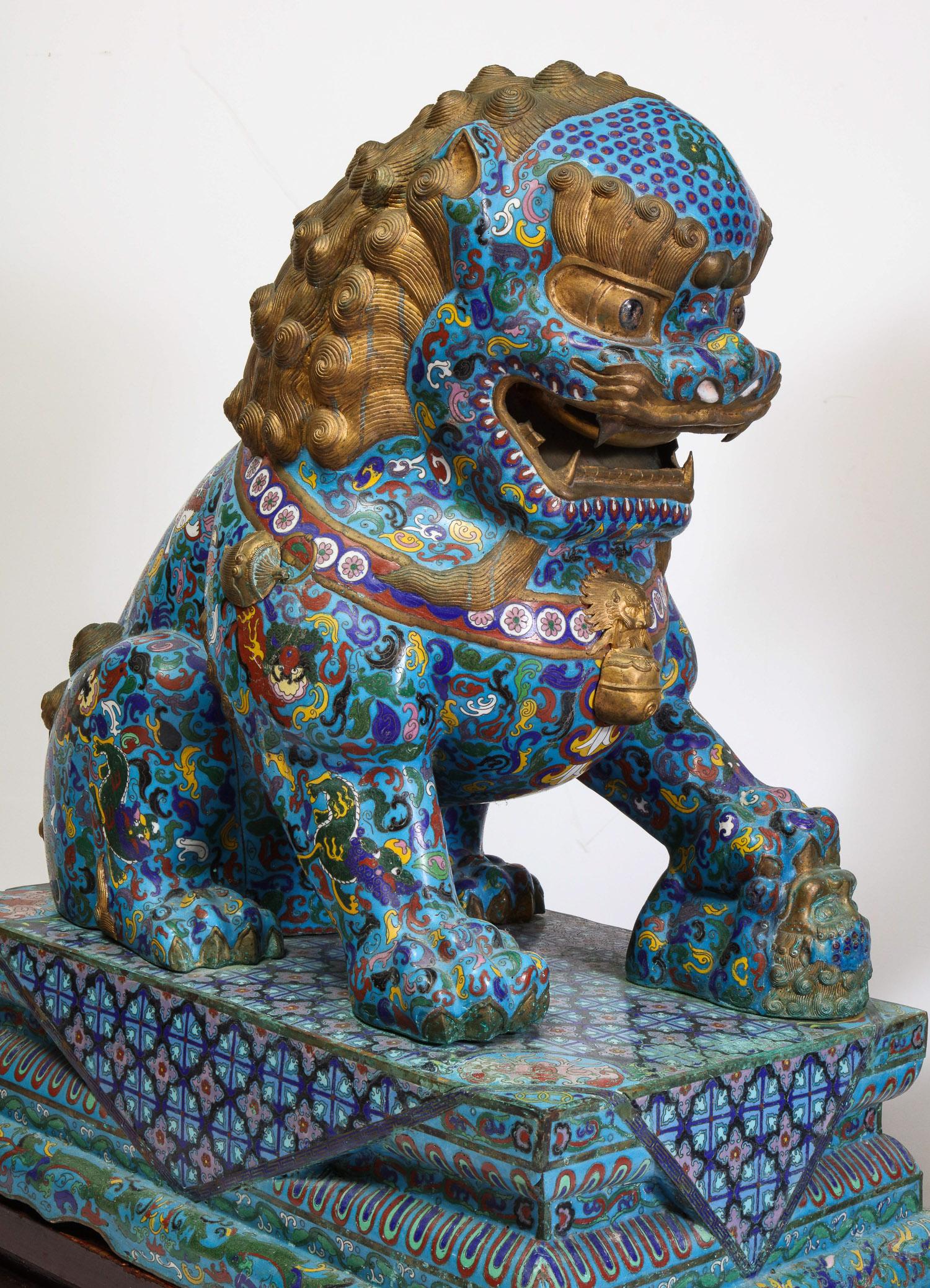 Massive Pair of Chinese Cloisonne Enamel Foo Dogs Lions on Wood Stands 5