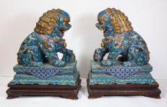 Massive Pair of Chinese Cloisonne Enamel Foo Dogs Lions on Wood Stands