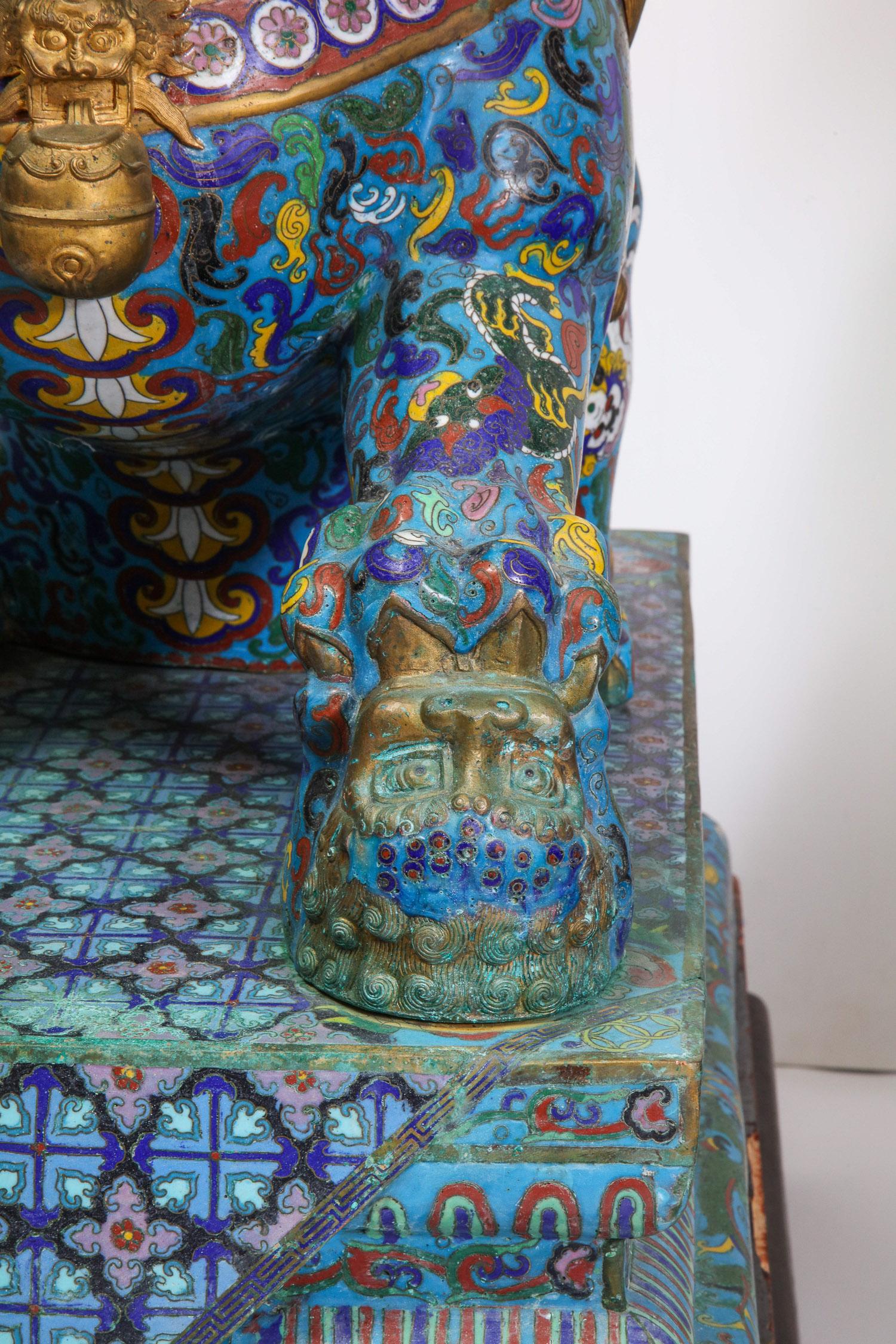 Massive Pair of Chinese Cloisonne Enamel Foo Dogs Lions on Wood Stands In Good Condition In New York, NY