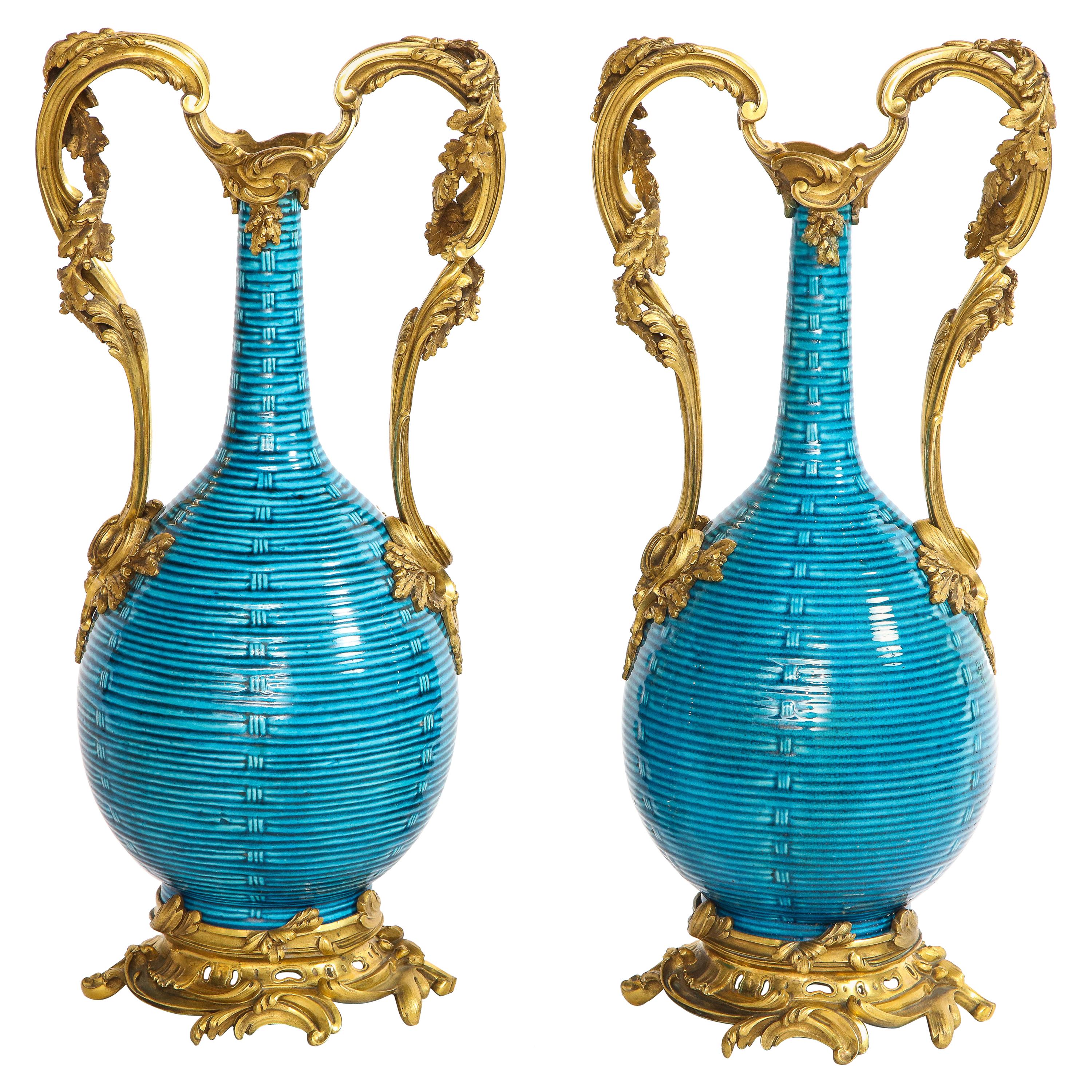 Massive Pair of Chinese Turquoise Porcelain, French Dore Bronze Mounted Vases