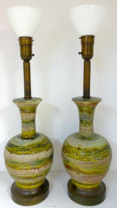 Massive Pair of Danish Modern Green Earth Tone Studio Pottery Lamps With Globes