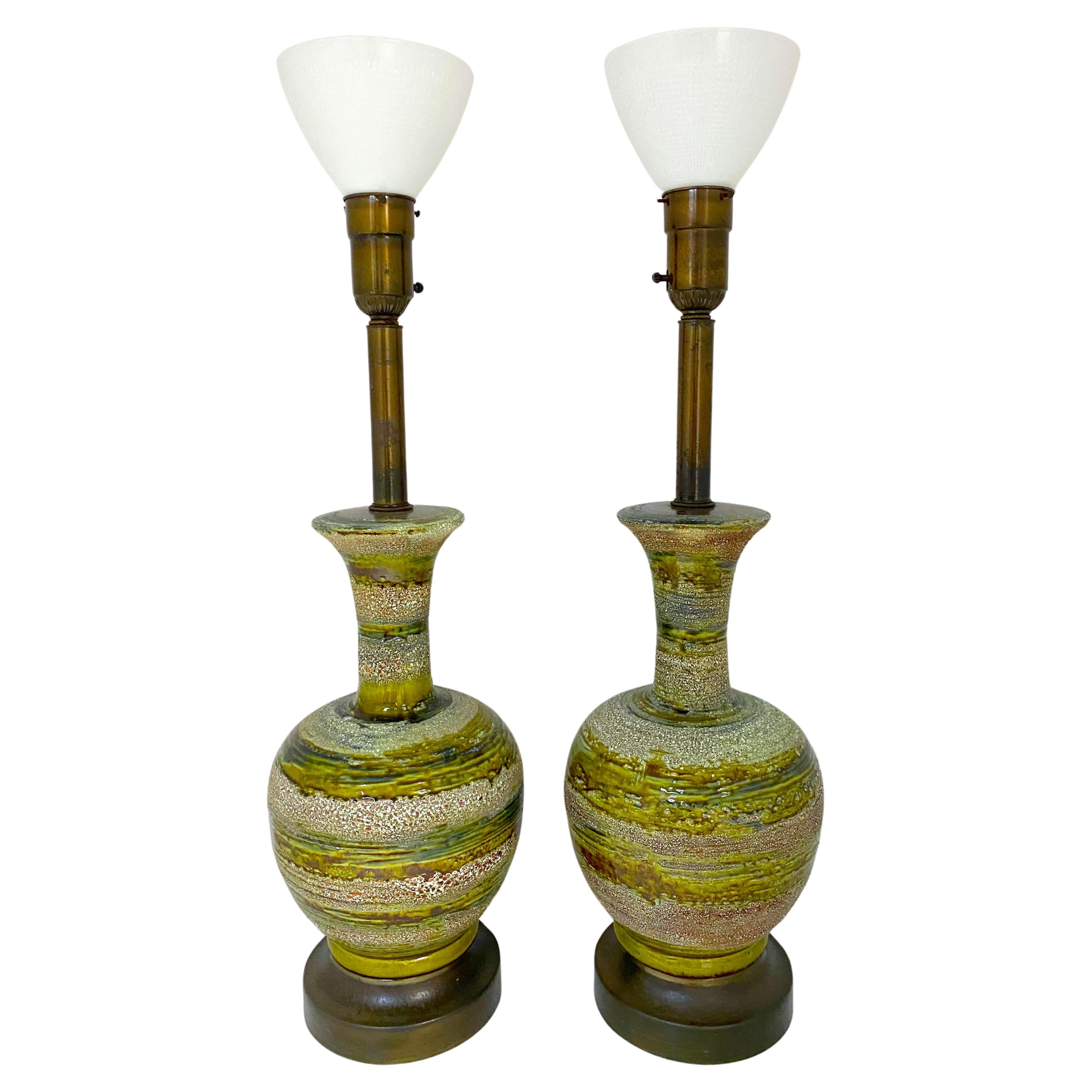 Massive Pair of Danish Modern Green Earth Tone Studio Pottery Lamps With Globes