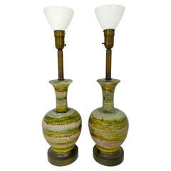 Vintage Massive Pair of Danish Modern Green Earth Tone Studio Pottery Lamps With Globes