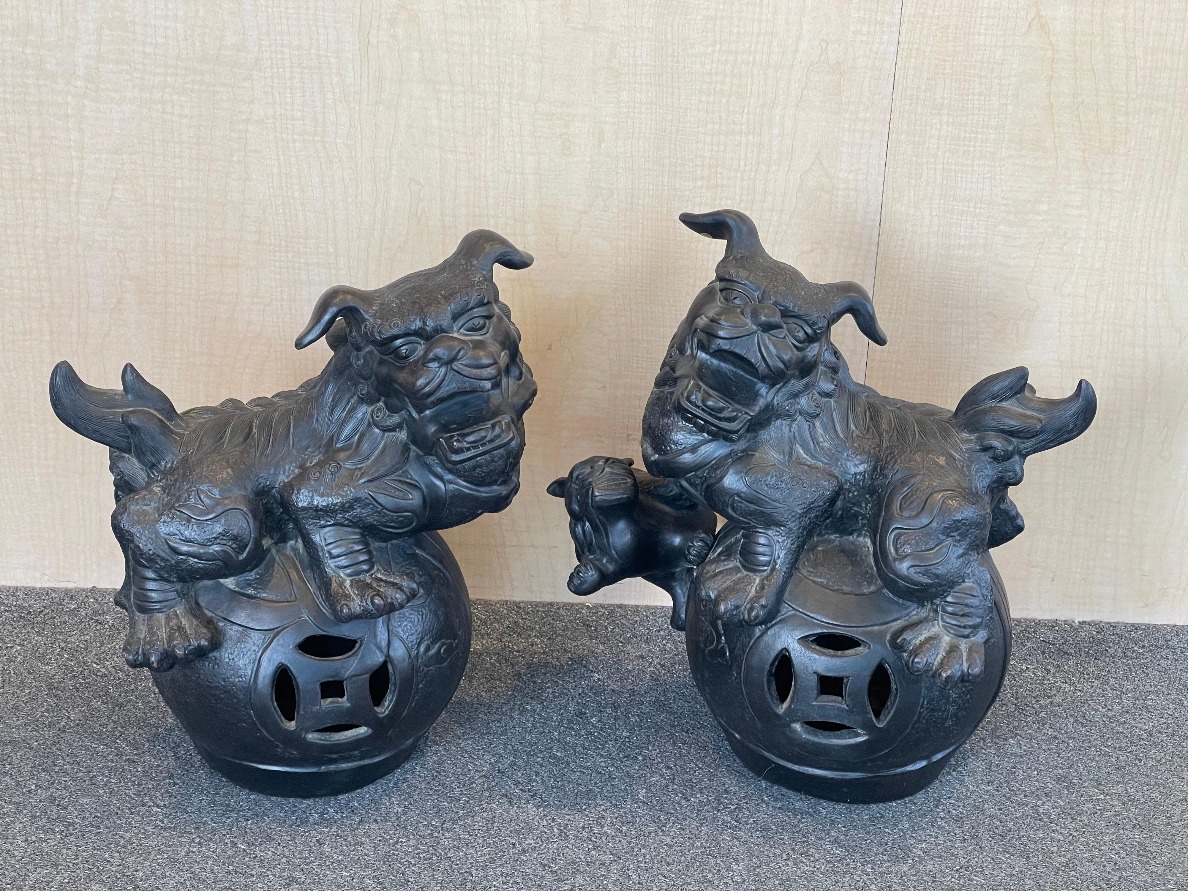 Massive Pair of Ebonized Pottery Chinese Foo Dogs For Sale 6