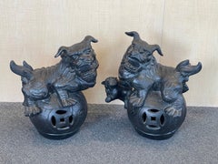 Massive Pair of Ebonized Pottery Chinese Foo Dogs
