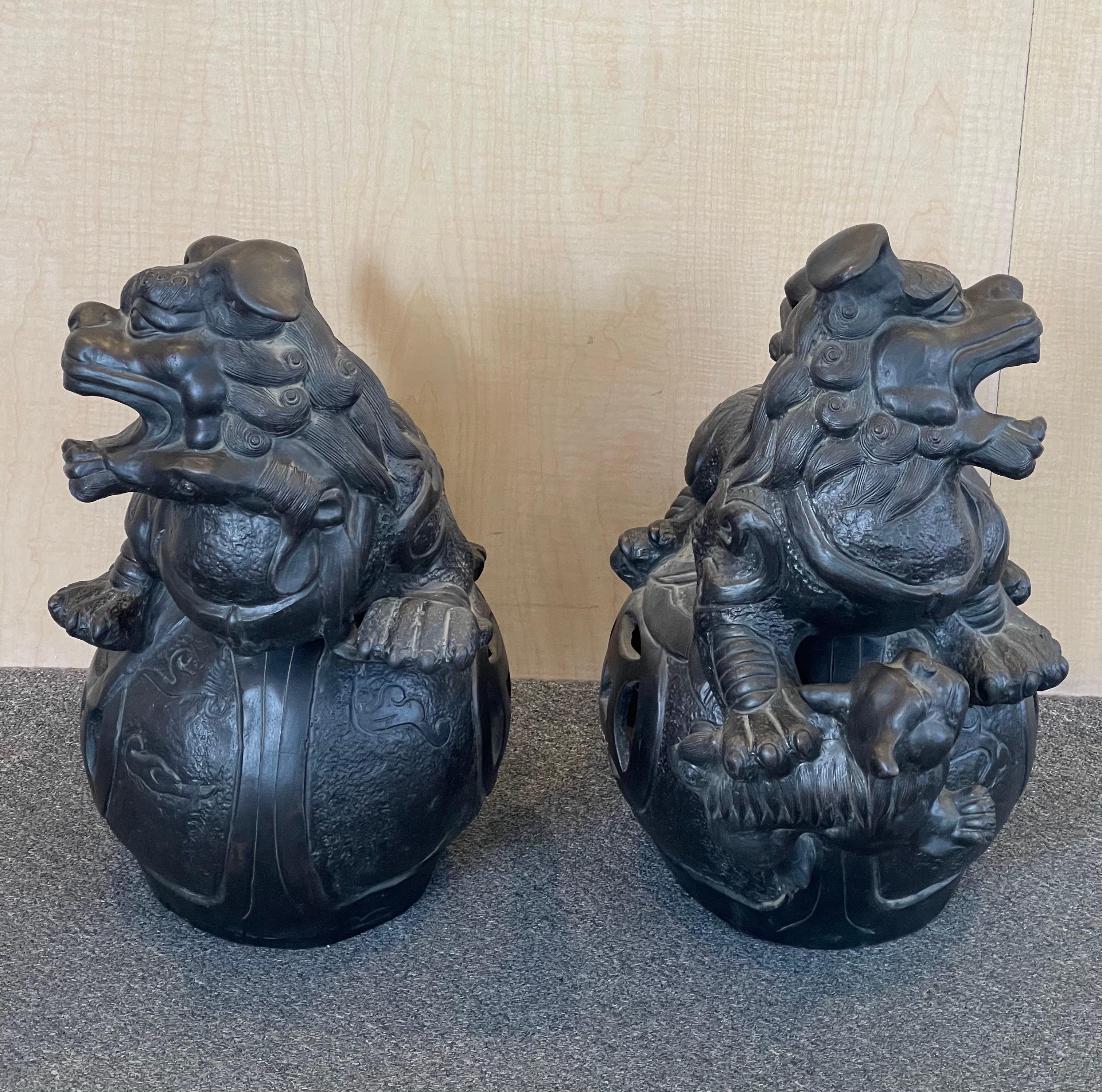 Massive Pair of Ebonized Pottery Chinese Foo Dogs In Good Condition For Sale In San Diego, CA