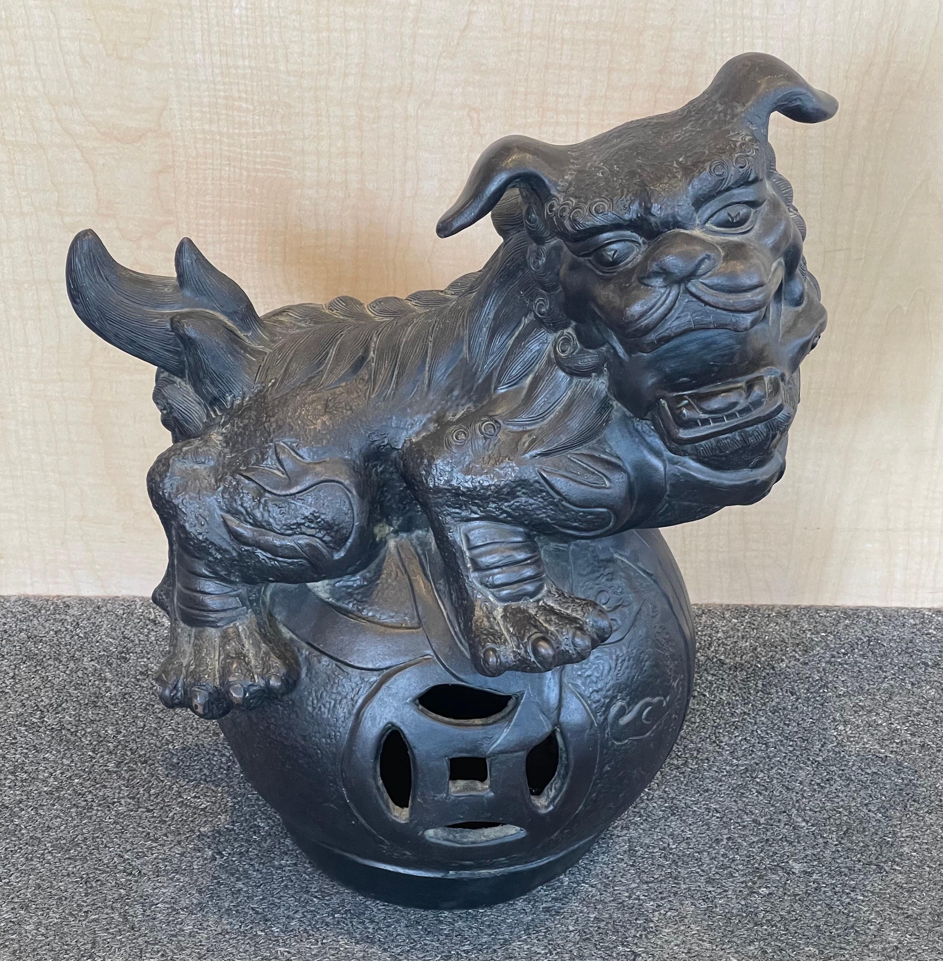 Massive Pair of Ebonized Pottery Chinese Foo Dogs For Sale 4