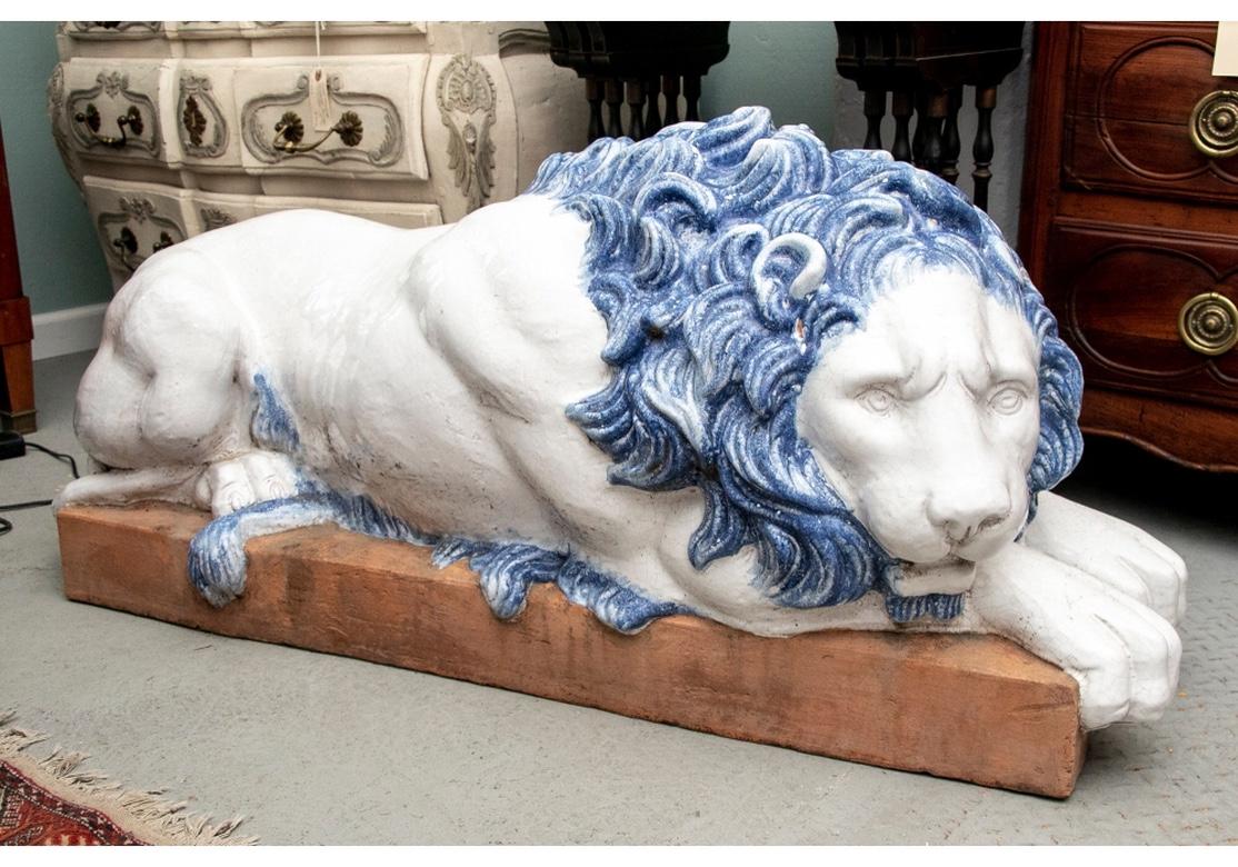 Renaissance Massive Pair of Italian Glazed Terracotta Lions