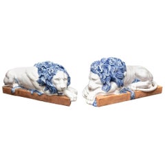 Massive Pair of Italian Glazed Terracotta Lions