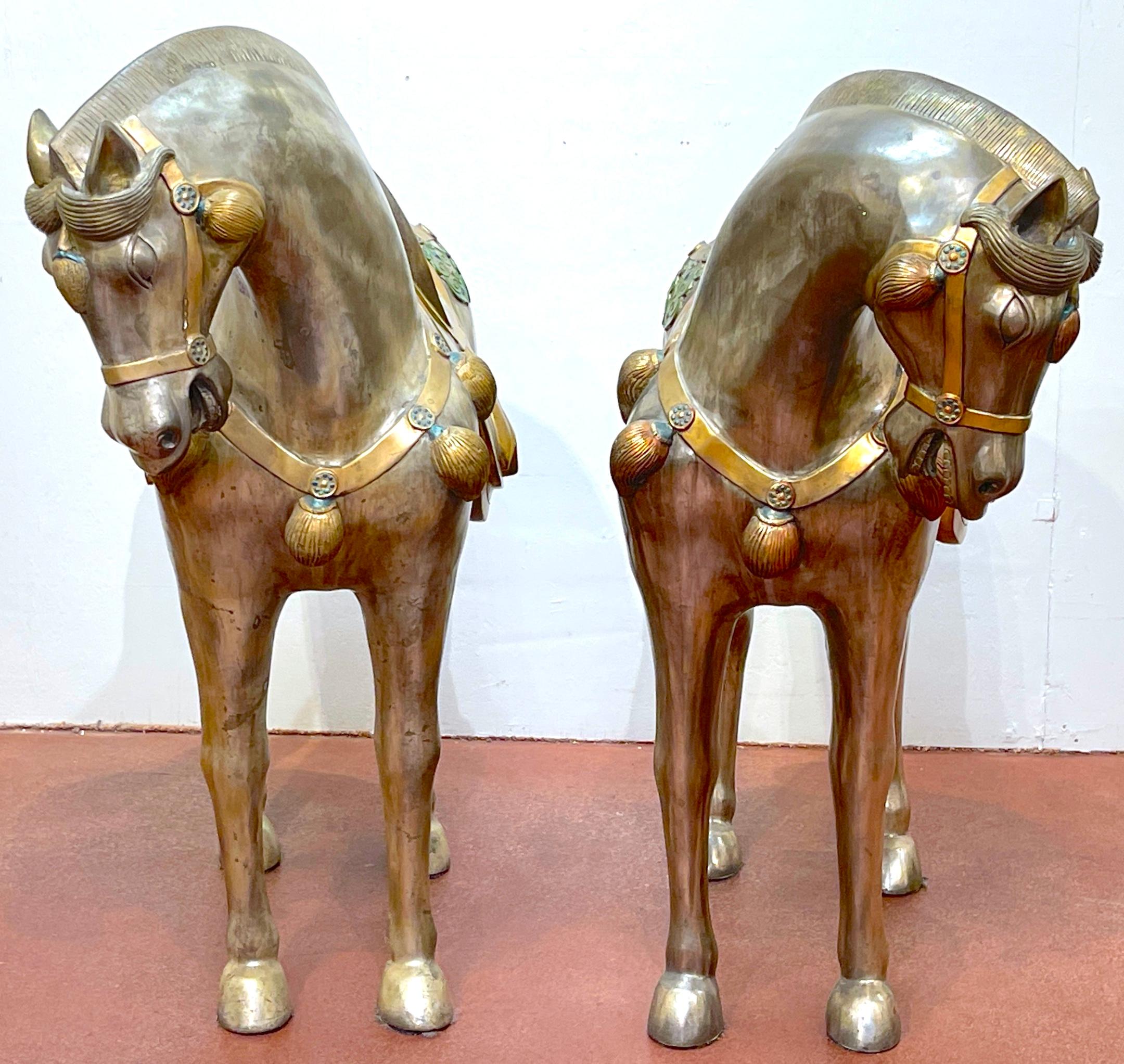 Chinese Export Massive Pair of Mid Century Silvered Bronze & Enameled Tang Style Horses For Sale