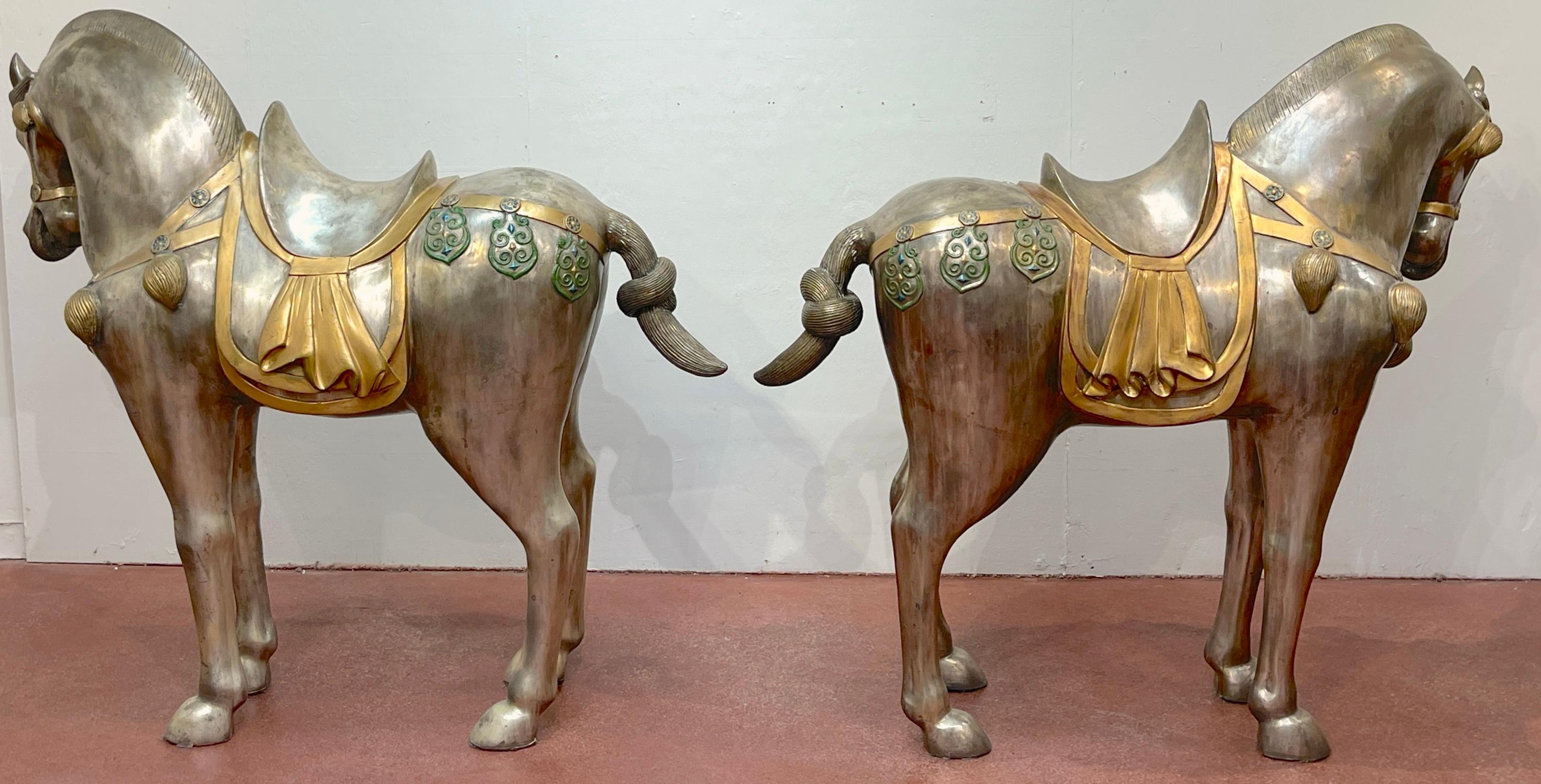 Chinese Massive Pair of Mid Century Silvered Bronze & Enameled Tang Style Horses For Sale