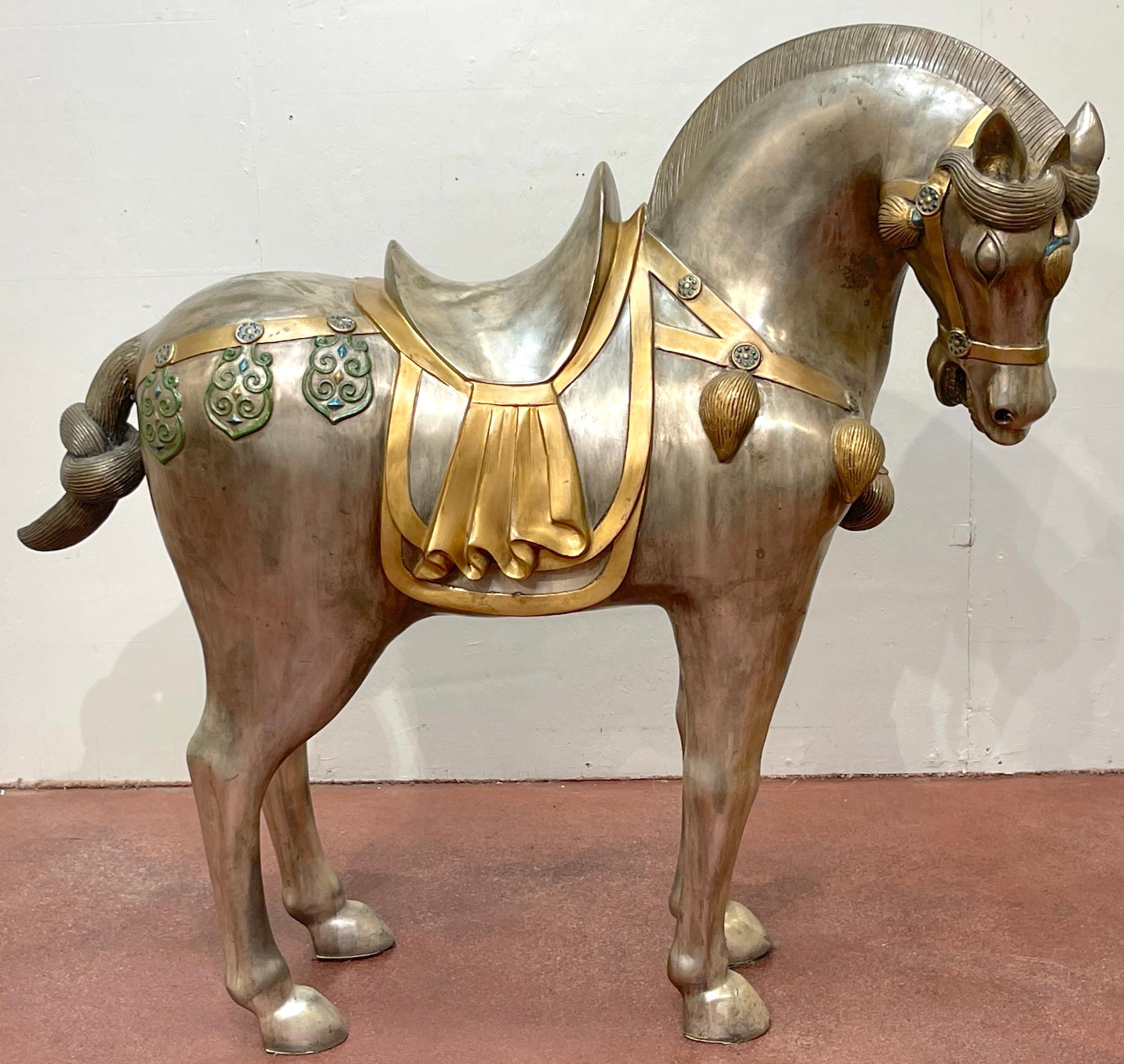 Massive Pair of Mid Century Silvered Bronze & Enameled Tang Style Horses In Good Condition For Sale In West Palm Beach, FL