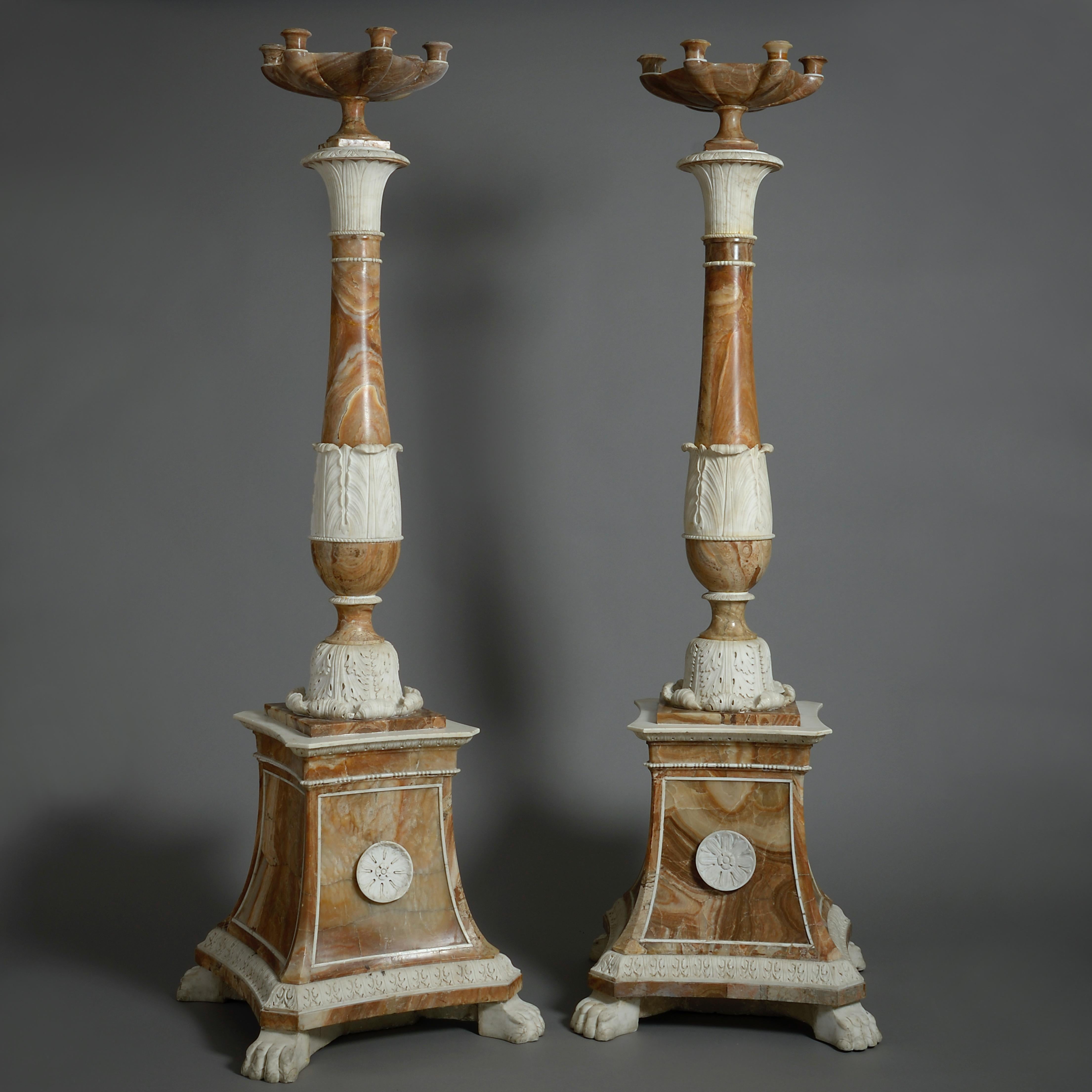 Massive Pair of Roman Statuary Marble and Tuscan Alabaster Torchiere In Good Condition For Sale In London, GB