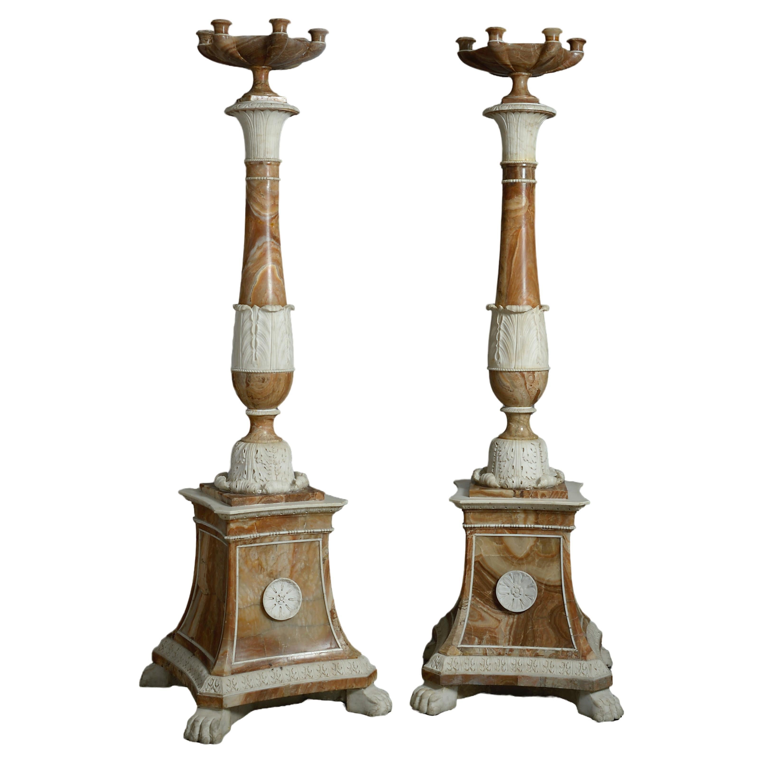 Massive Pair of Roman Statuary Marble and Tuscan Alabaster Torchiere For Sale