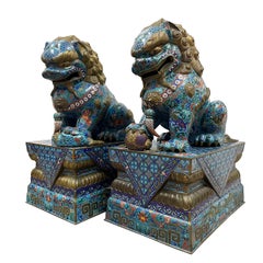Massive Pair of Vintage Chinese Cloisonne Enamel Foo Dogs Lions