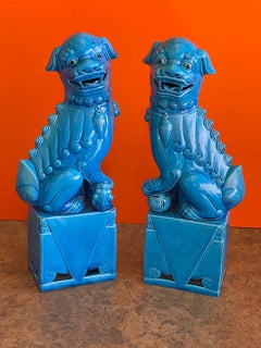 Massive Pair of Vintage Turquoise Blue Ceramic Foo Dog Sculptures