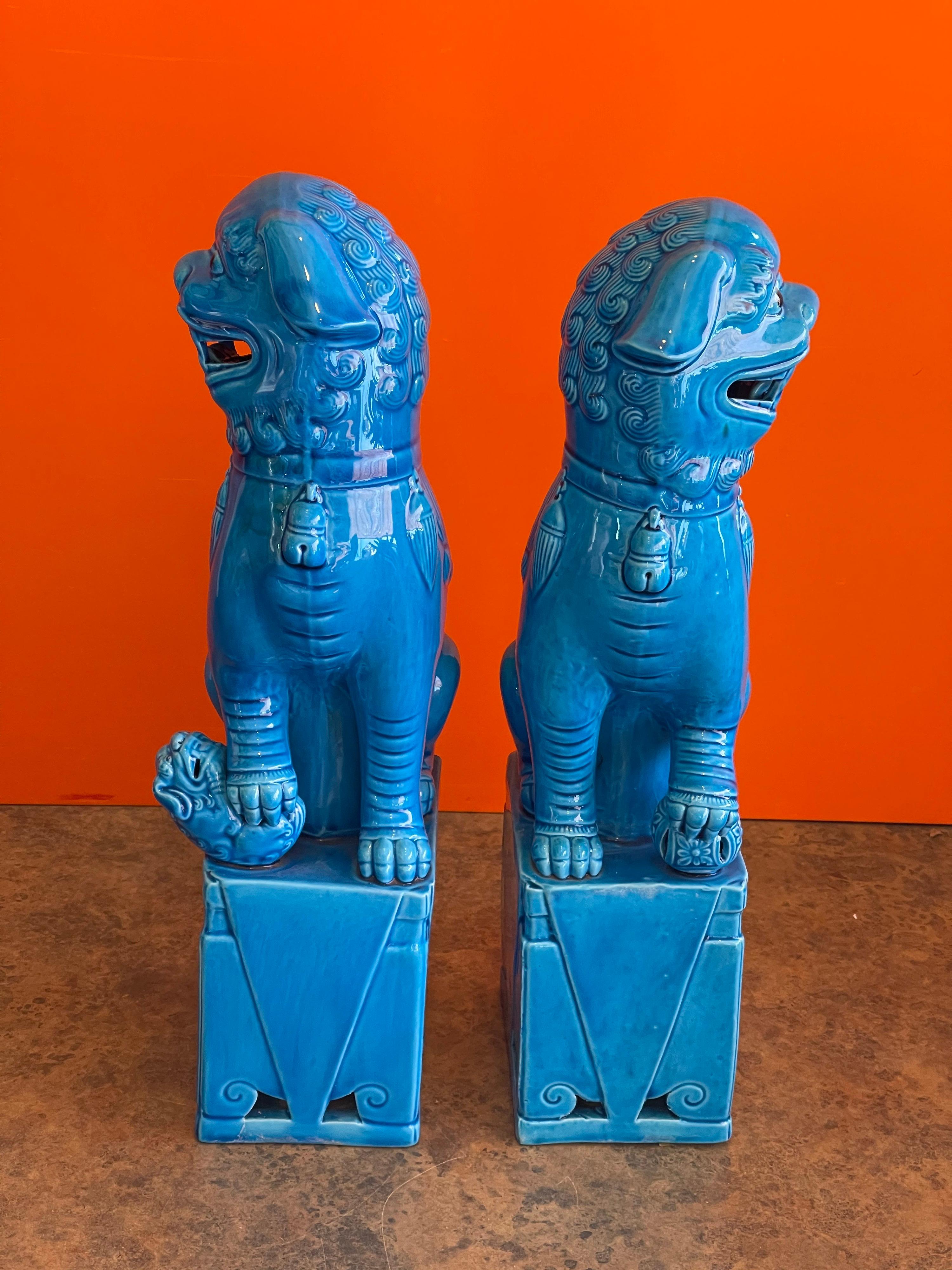 Hollywood Regency Massive Pair of Vintage Turquoise Blue Ceramic Foo Dog Sculptures