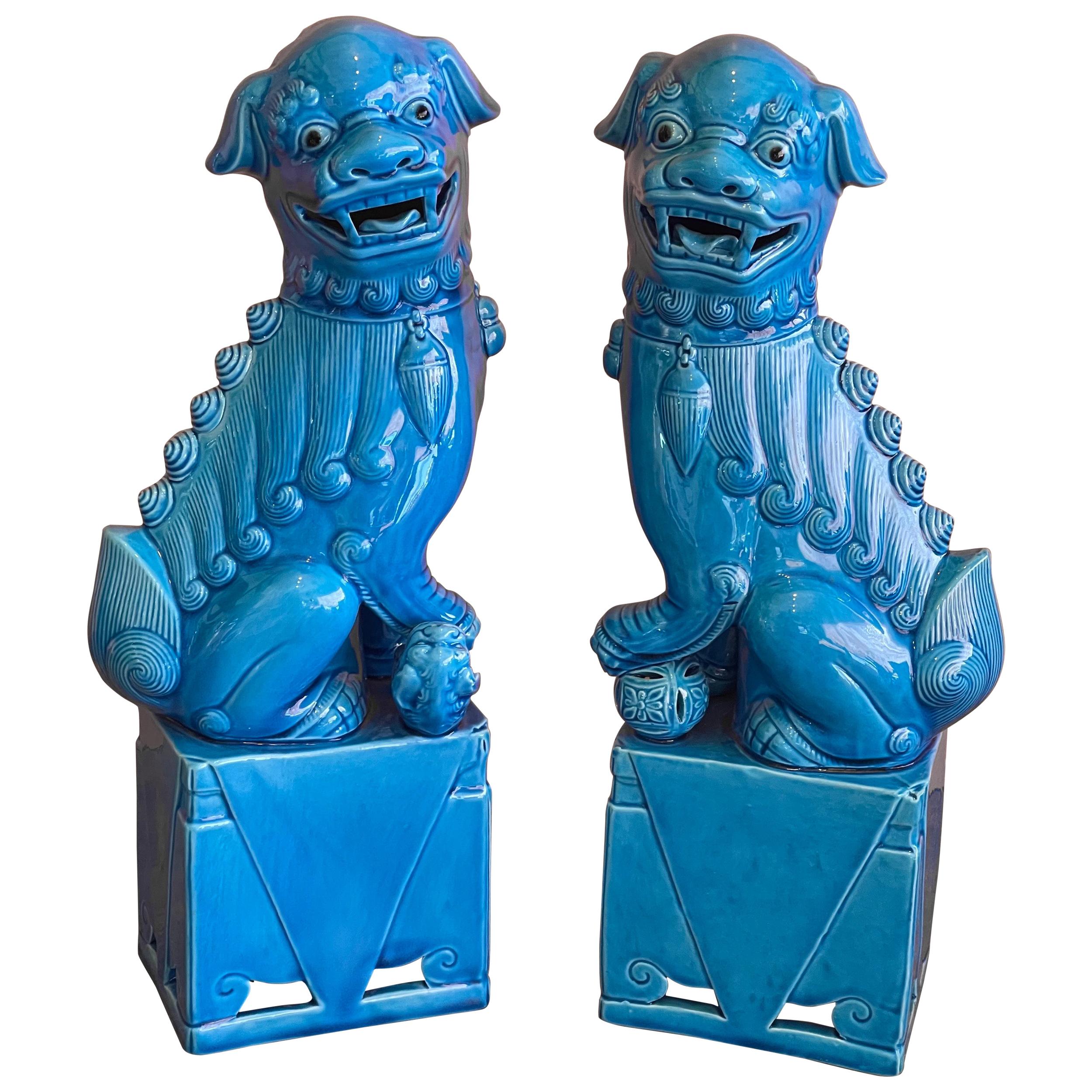 Massive Pair of Vintage Turquoise Blue Ceramic Foo Dog Sculptures