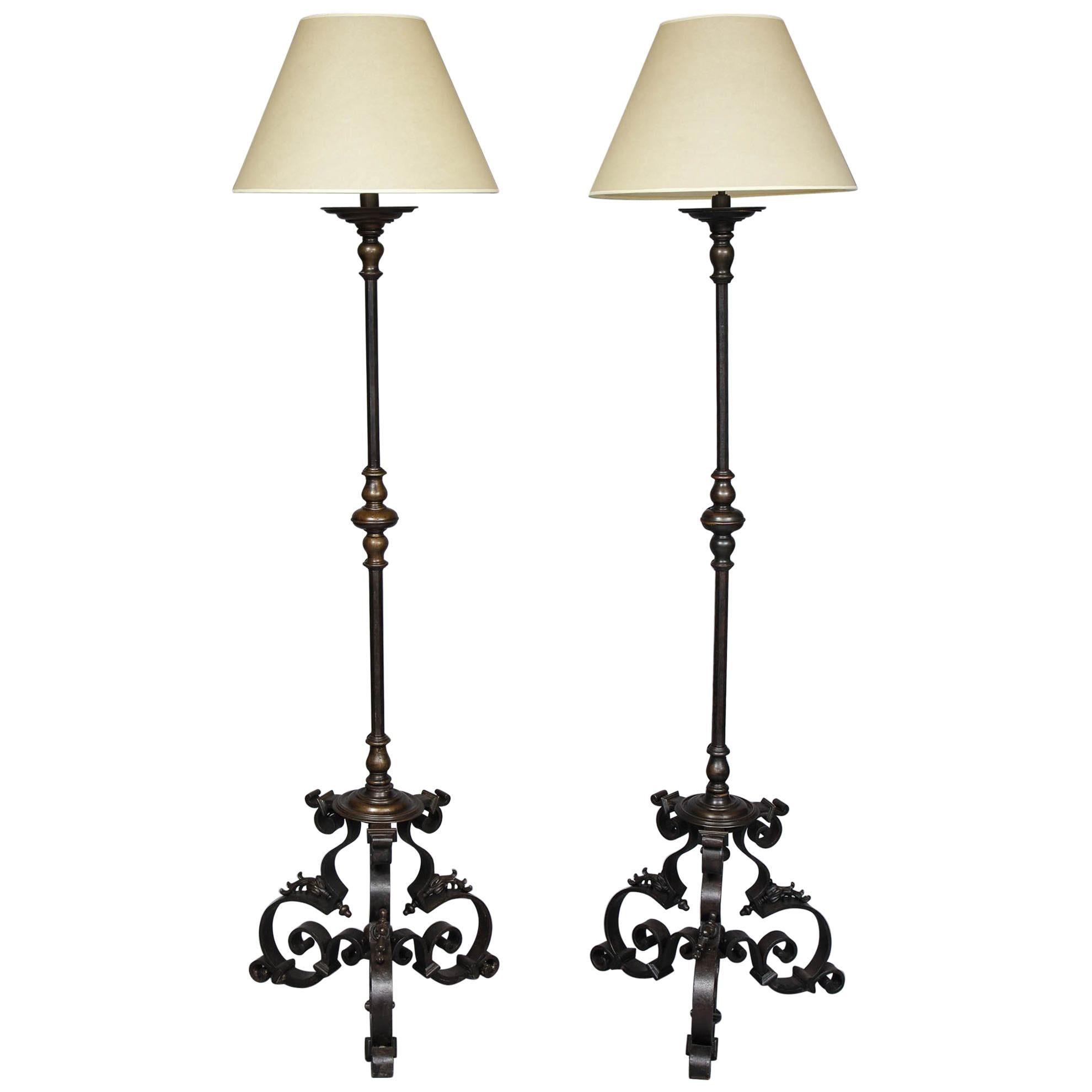 Massive Pair of Wrought Iron and Bronze Floor Lamps