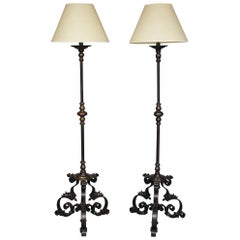 Massive Pair of Wrought Iron and Bronze Floor Lamps