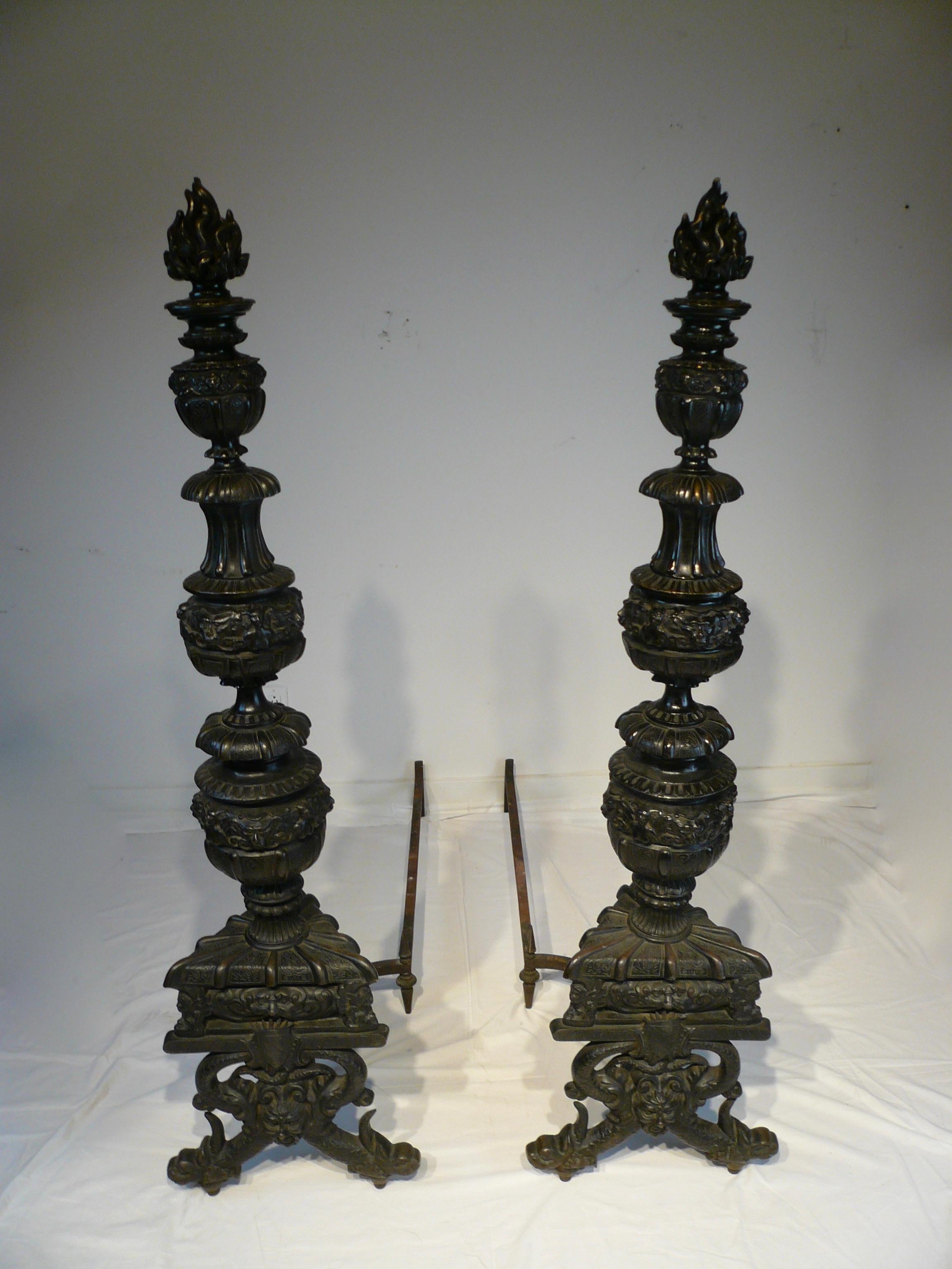 Massive Pair Renaissance Style Bronze Andirons by E. F. Caldwell For Sale 6
