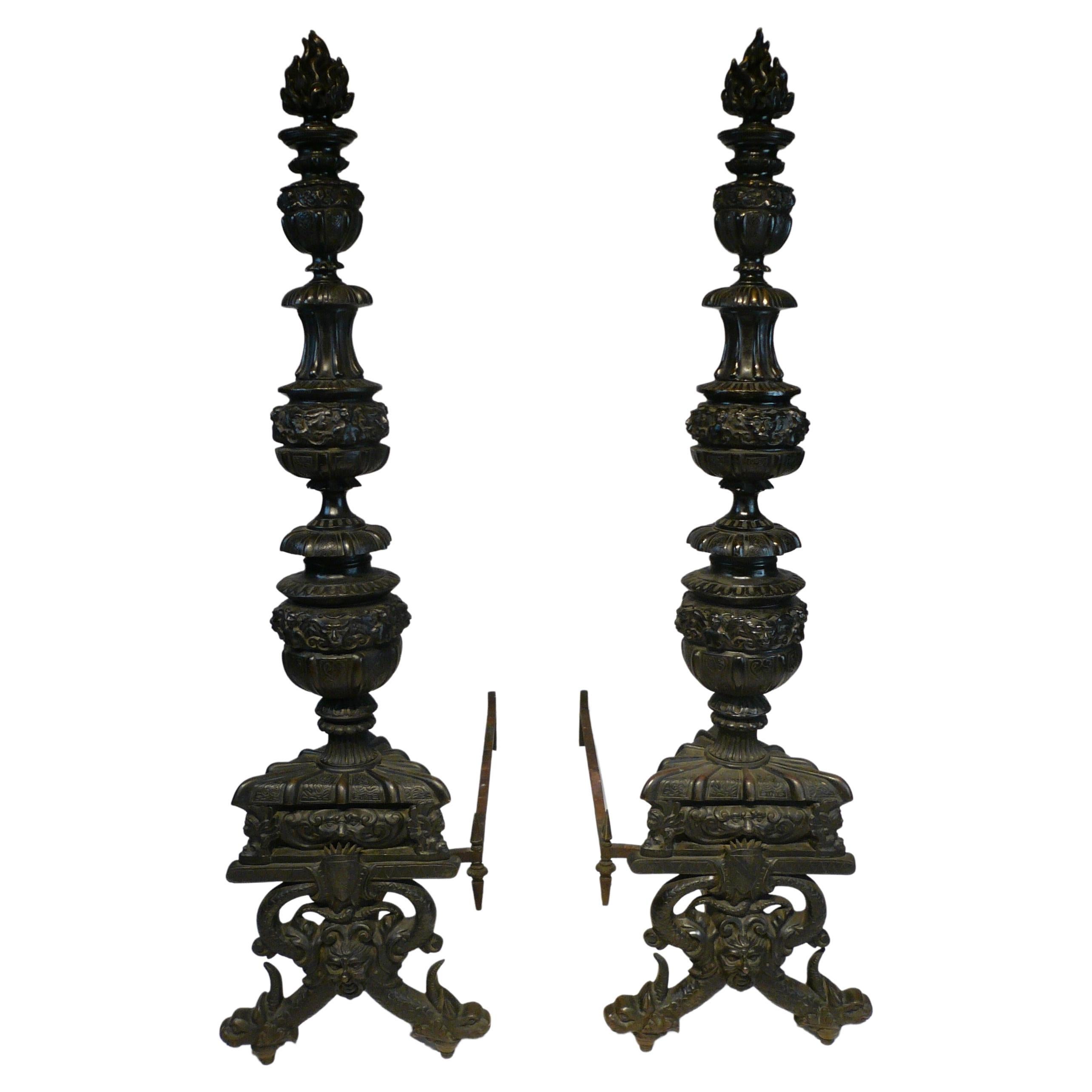 Massive Pair Renaissance Style Bronze Andirons by E. F. Caldwell For Sale