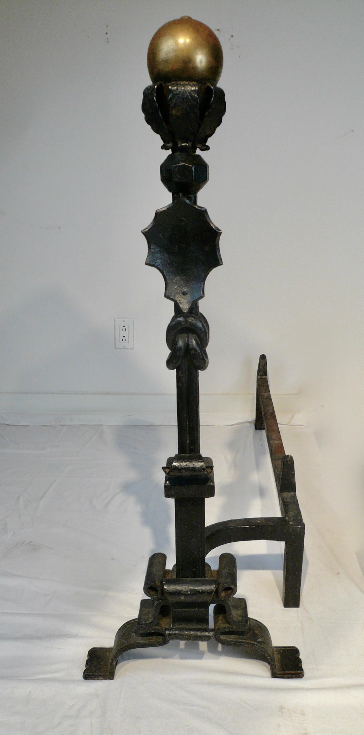 Massive Pair Wrought Iron and Brass Andirons Attributed to Samuel Yellin For Sale 4