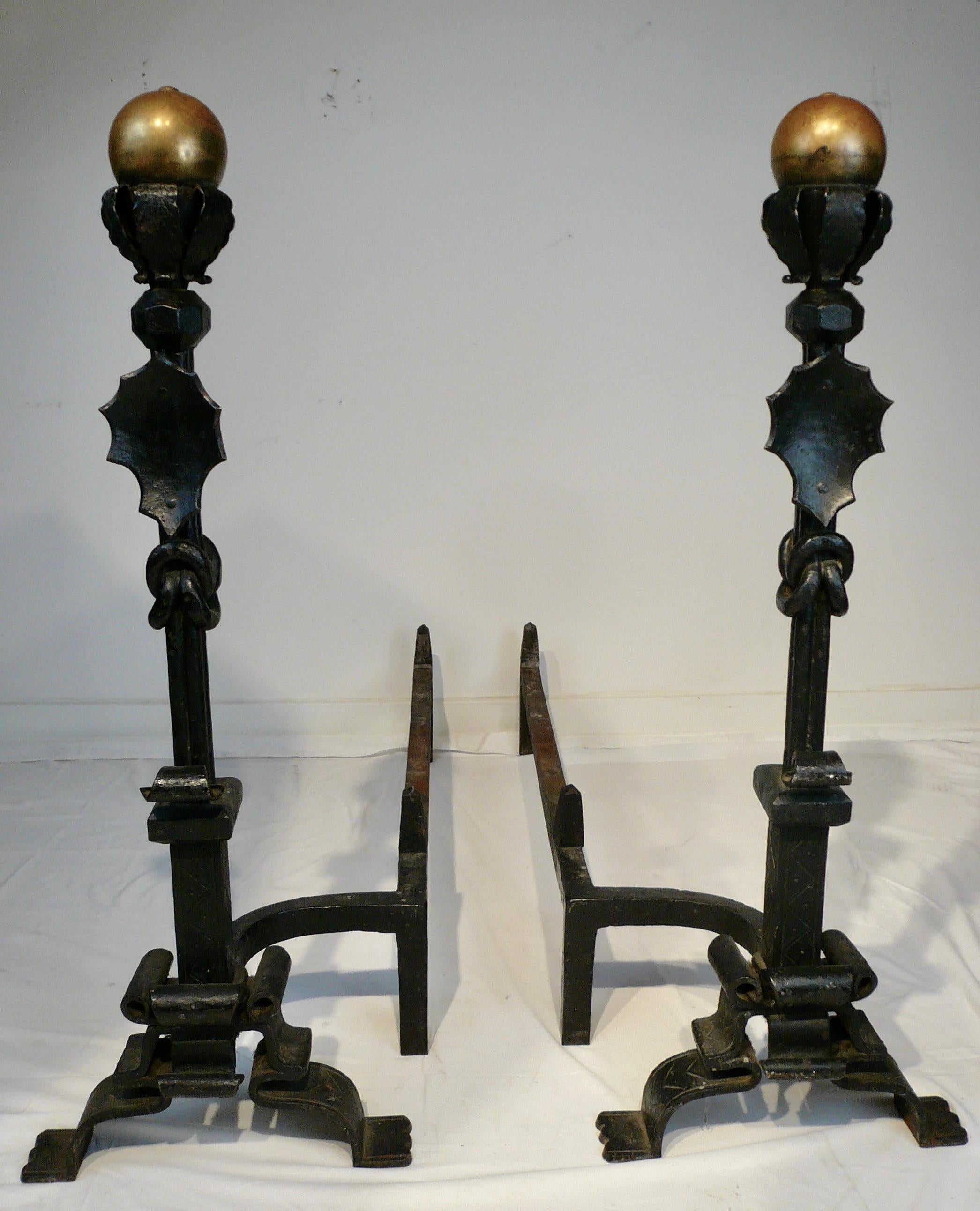 Massive Pair Wrought Iron and Brass Andirons Attributed to Samuel Yellin For Sale 5