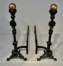 Massive Pair Wrought Iron and Brass Andirons Attributed to Samuel Yellin