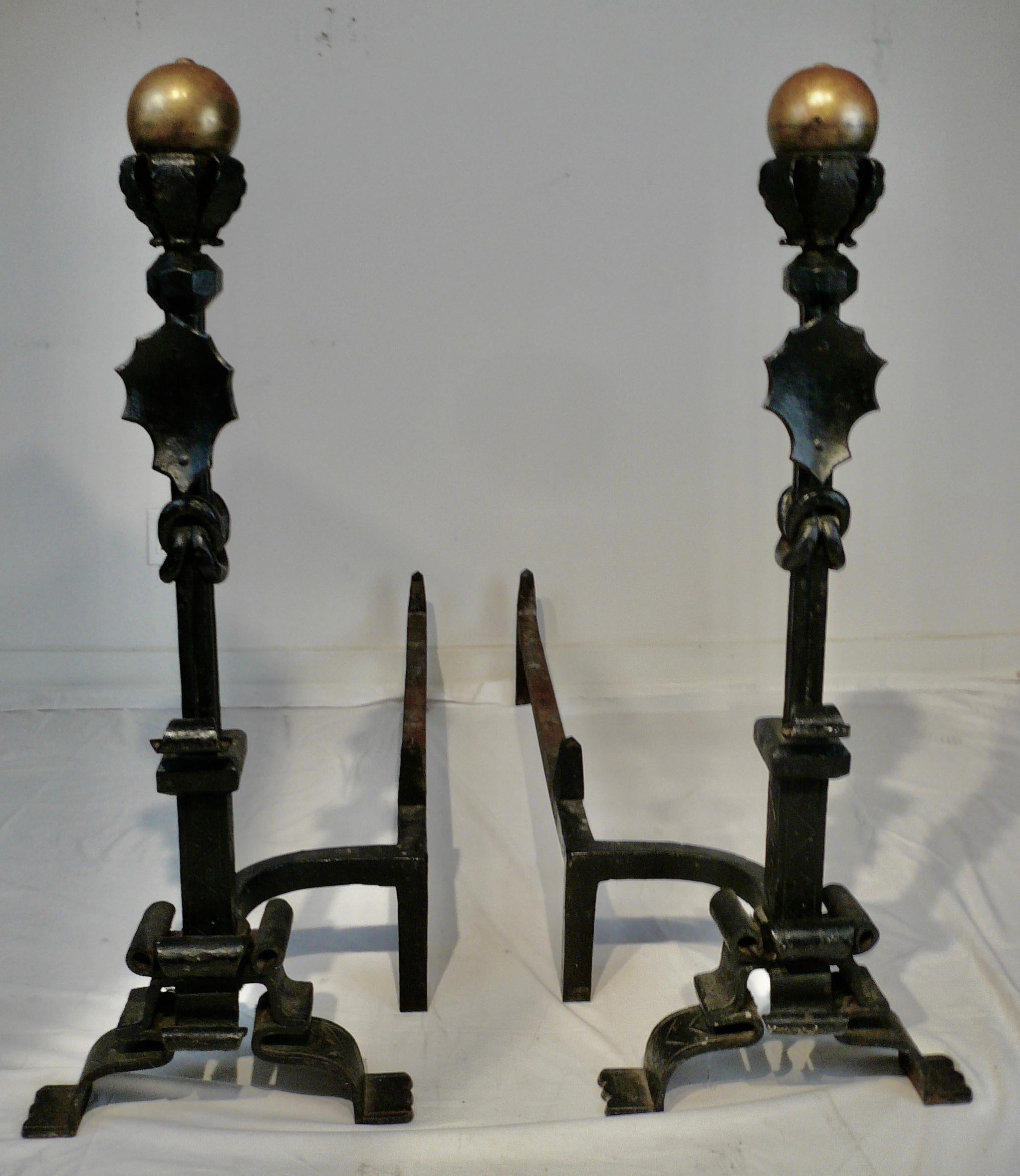 Arts and Crafts Massive Pair Wrought Iron and Brass Andirons Attributed to Samuel Yellin For Sale