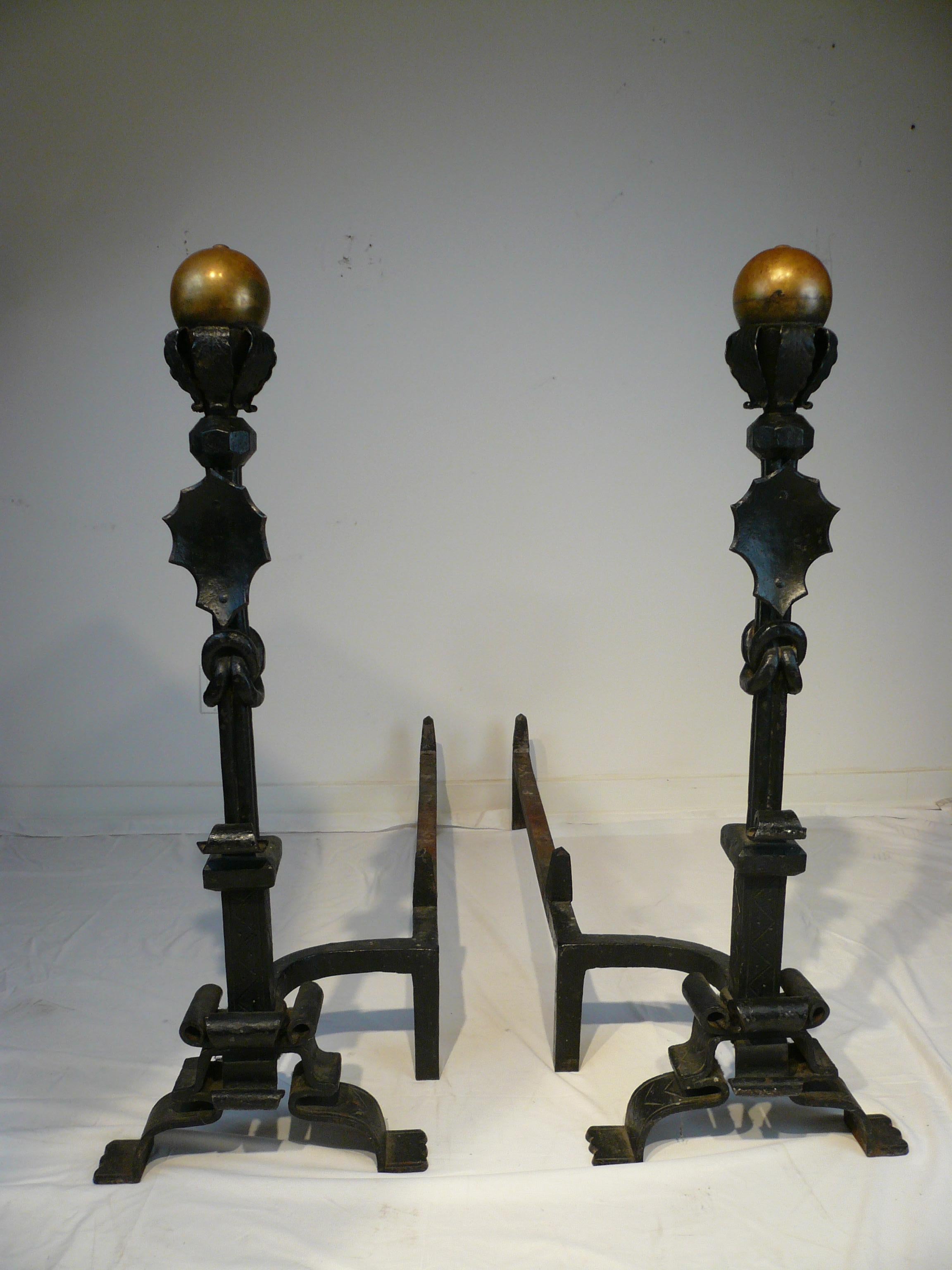 American Massive Pair Wrought Iron and Brass Andirons Attributed to Samuel Yellin For Sale