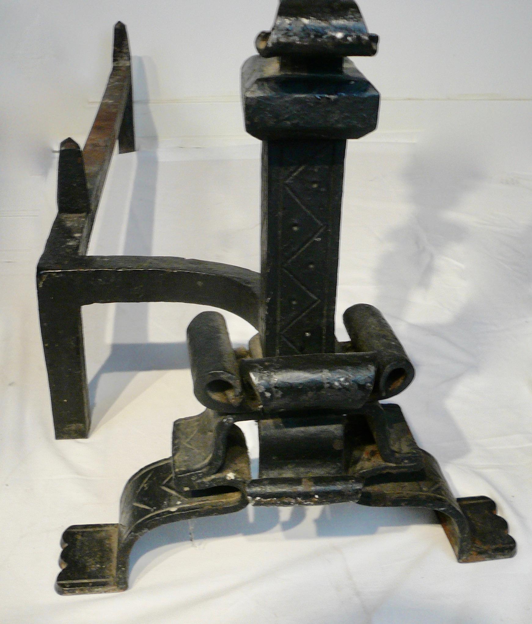 Massive Pair Wrought Iron and Brass Andirons Attributed to Samuel Yellin In Good Condition For Sale In Pittsburgh, PA