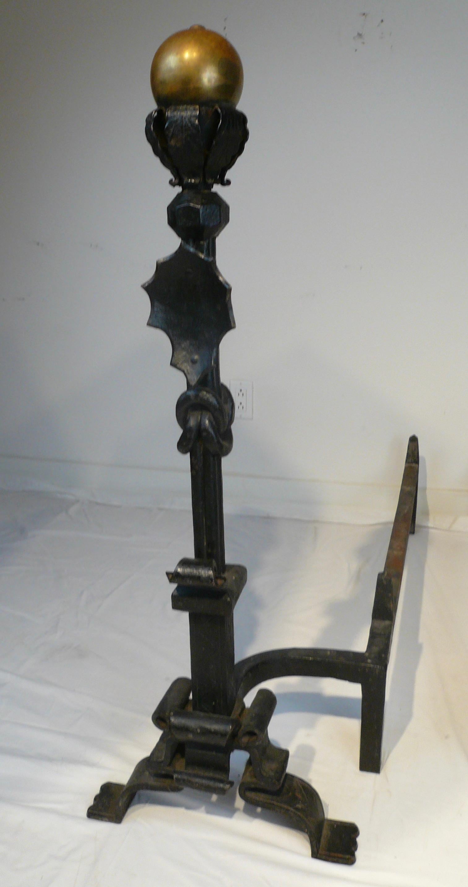 Massive Pair Wrought Iron and Brass Andirons Attributed to Samuel Yellin For Sale 3