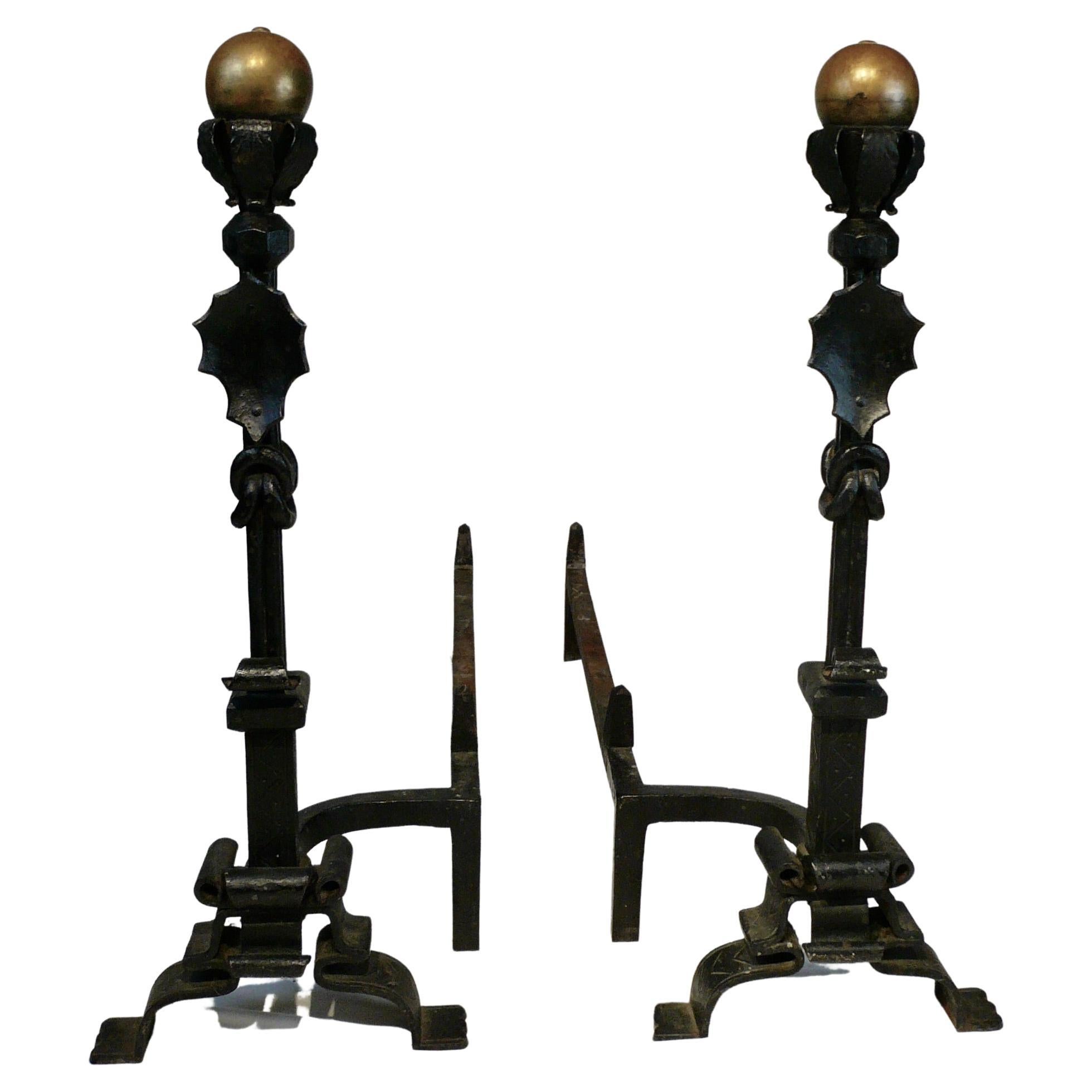 Massive Pair Wrought Iron and Brass Andirons Attributed to Samuel Yellin For Sale