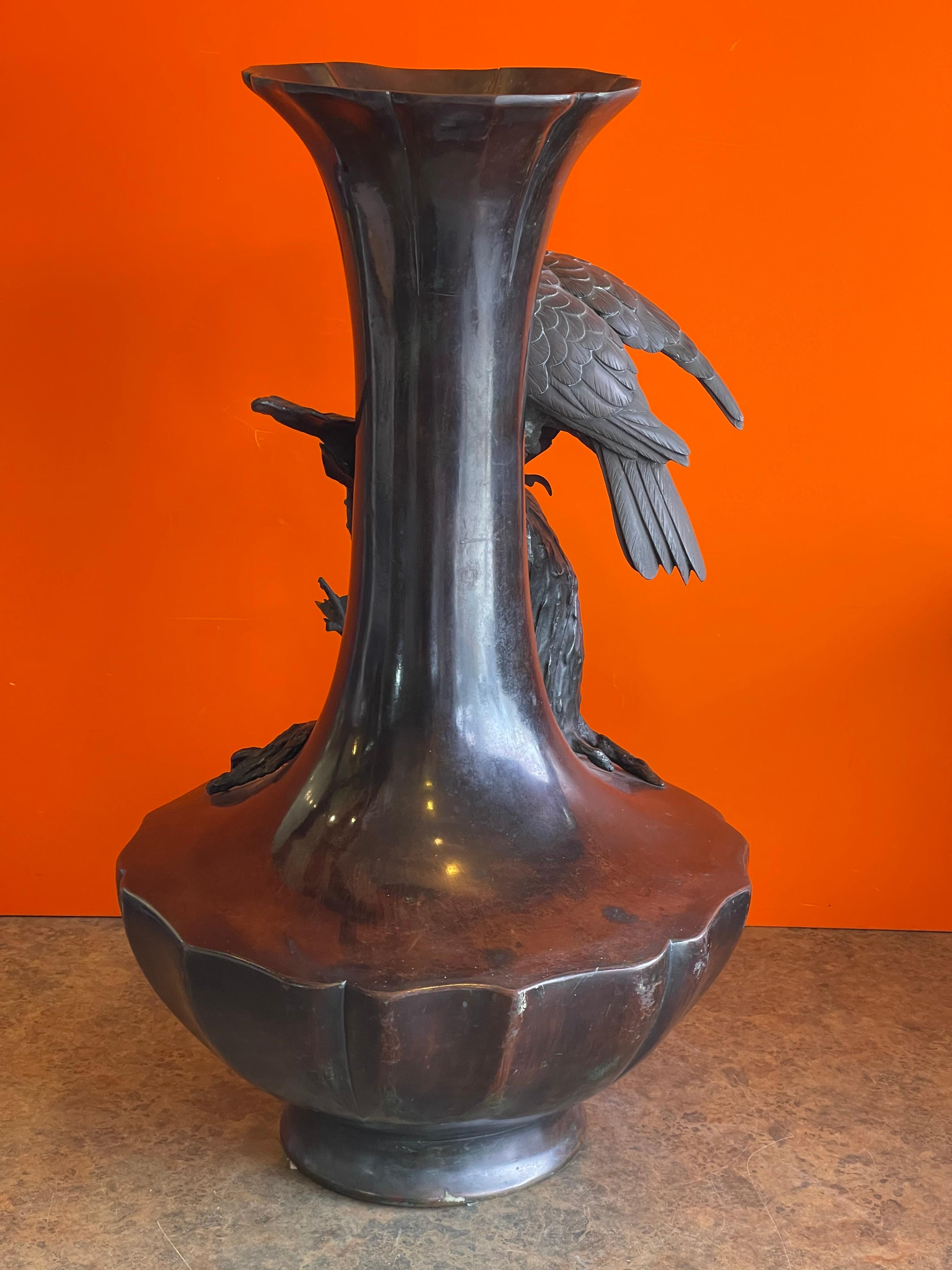 19th Century Massive Patinated Bronze Meiji Period Raven Vase