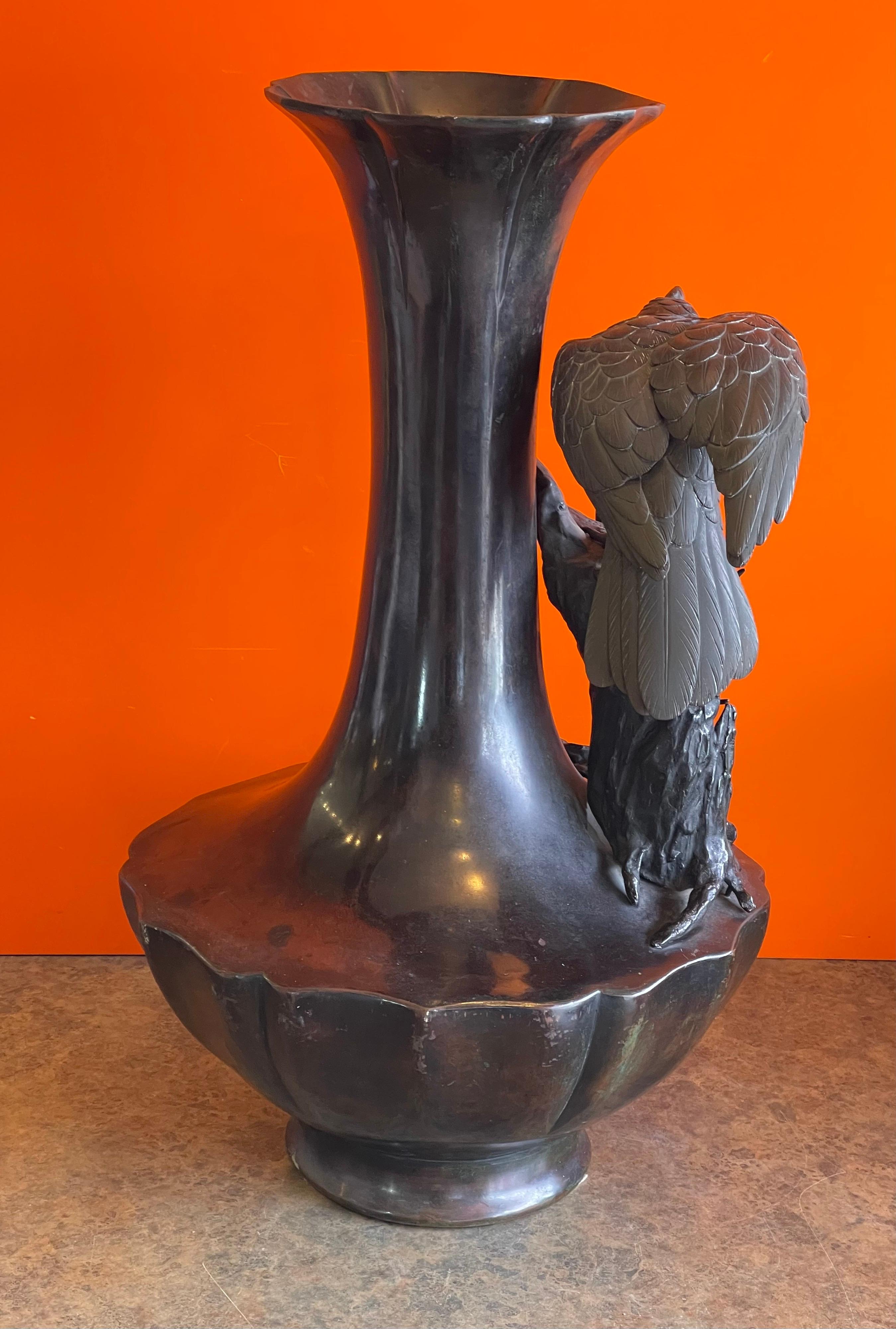 Massive Patinated Bronze Meiji Period Raven Vase 1