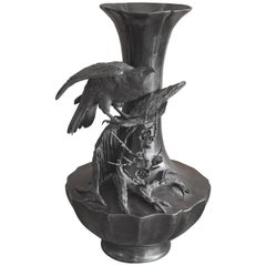 Massive Patinated Bronze Meiji Period Raven Vase
