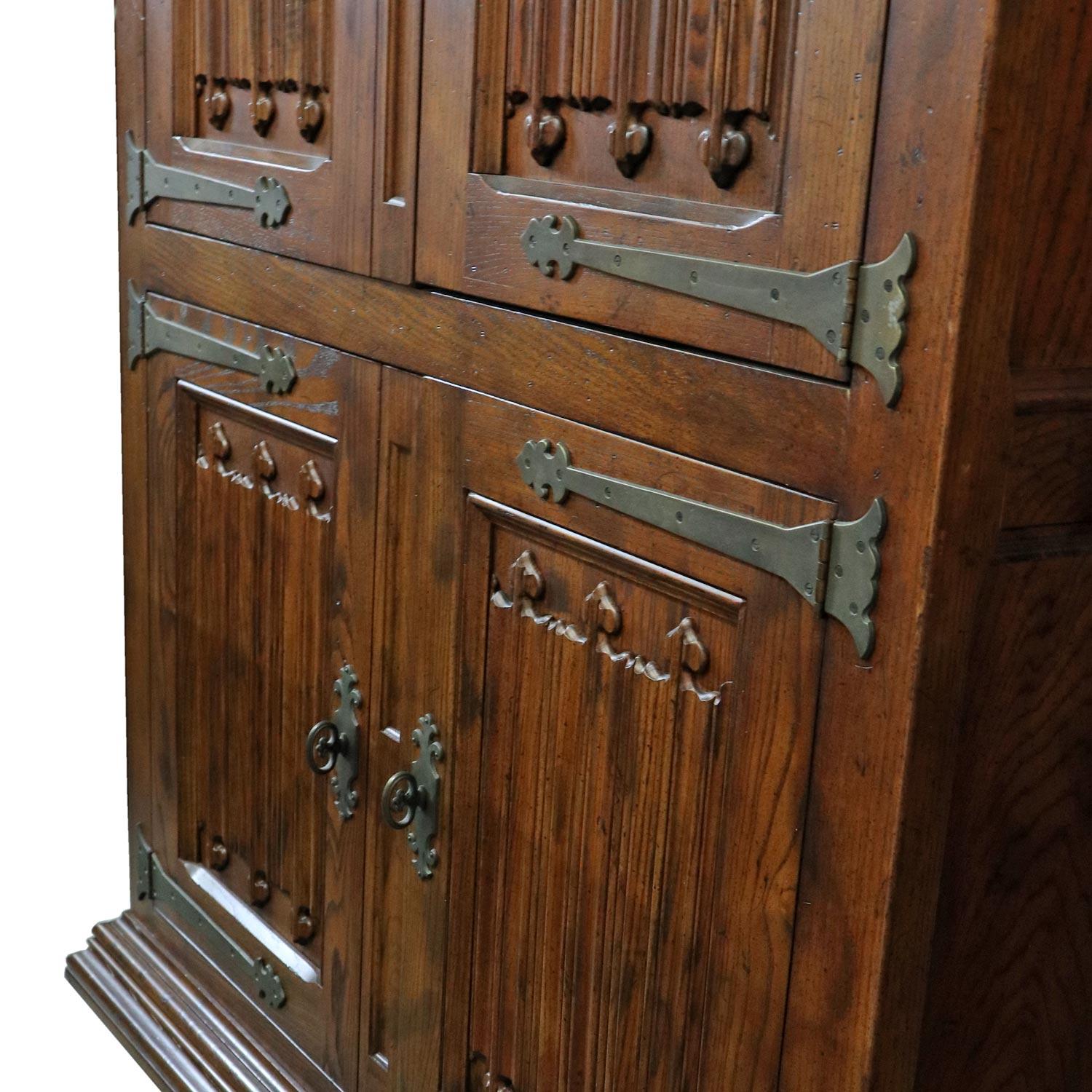 Massive Pecan Henredon Gothic Bar Cabinet Hutch with Lighted Interior In Excellent Condition In Chattanooga, TN
