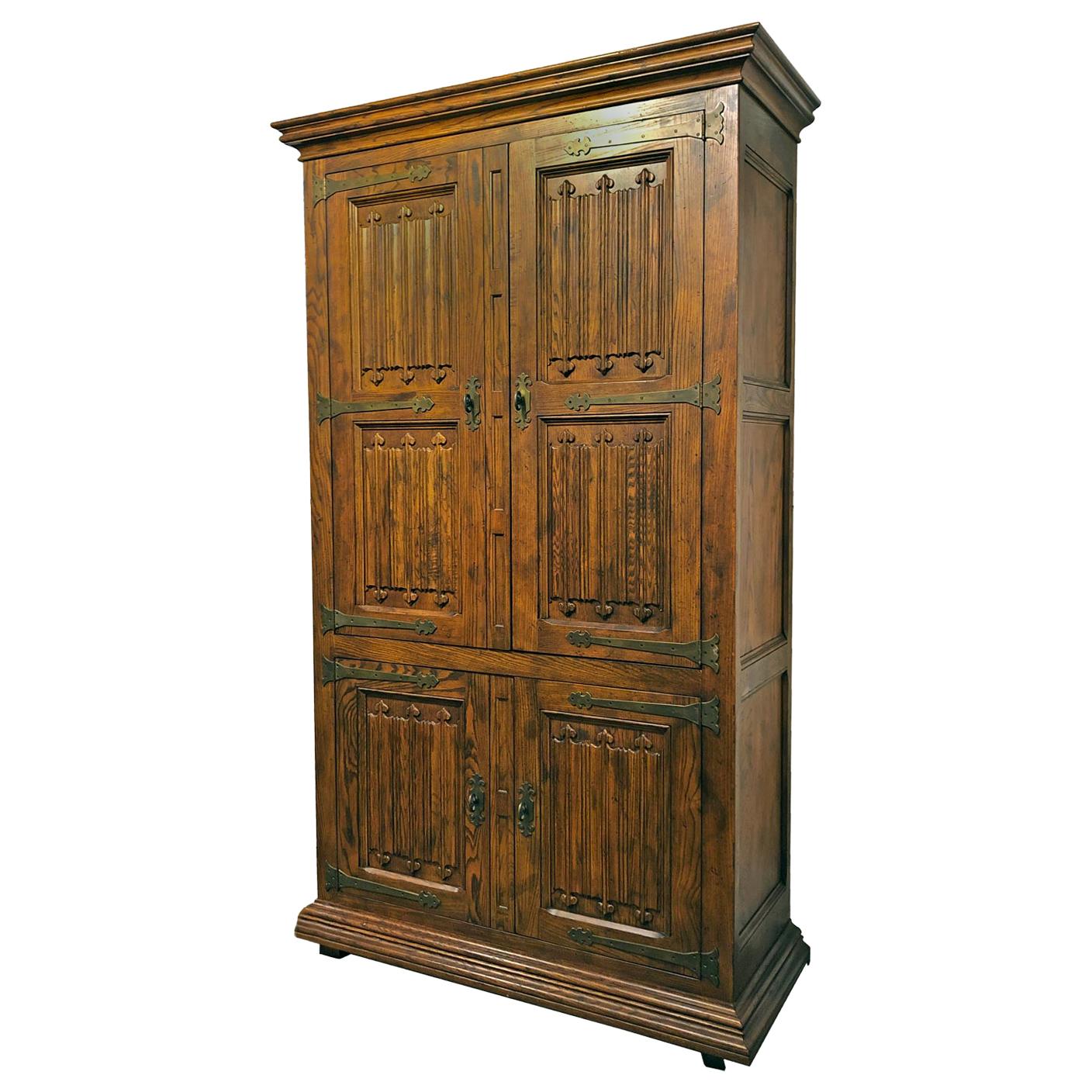 Massive Pecan Henredon Gothic Bar Cabinet Hutch with Lighted Interior