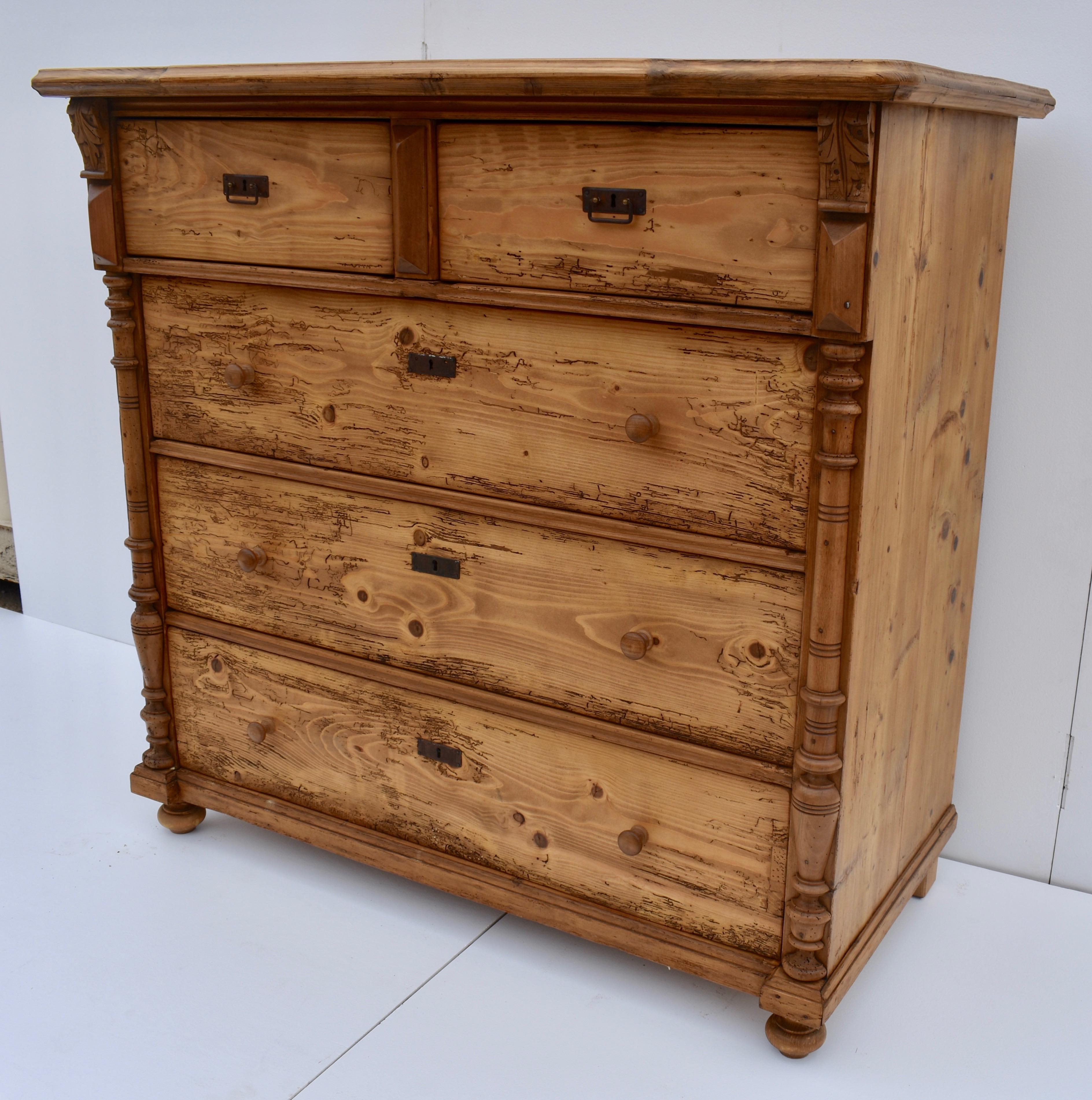 Hungarian Massive Pine Chest of Five Drawers