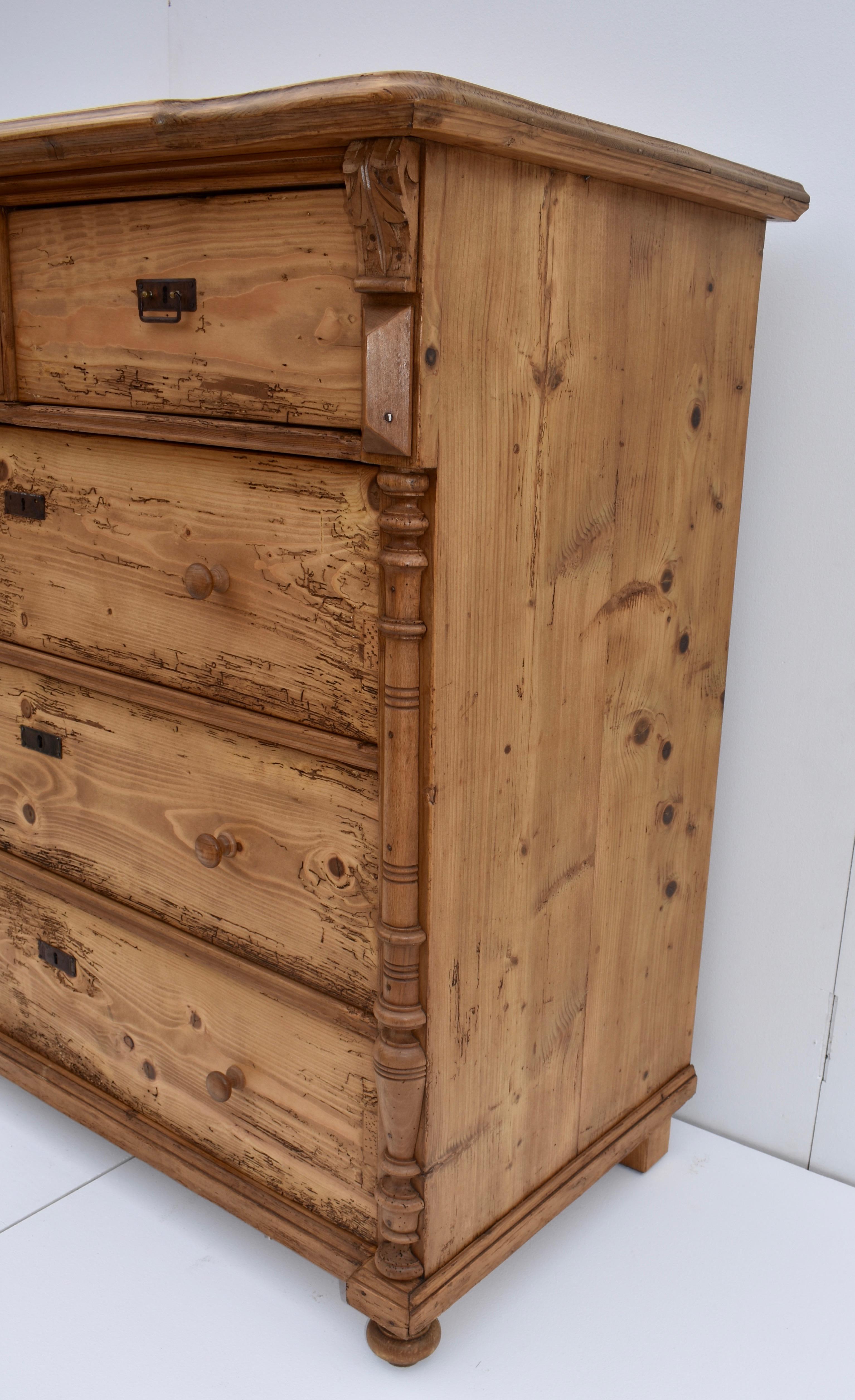 Polished Massive Pine Chest of Five Drawers