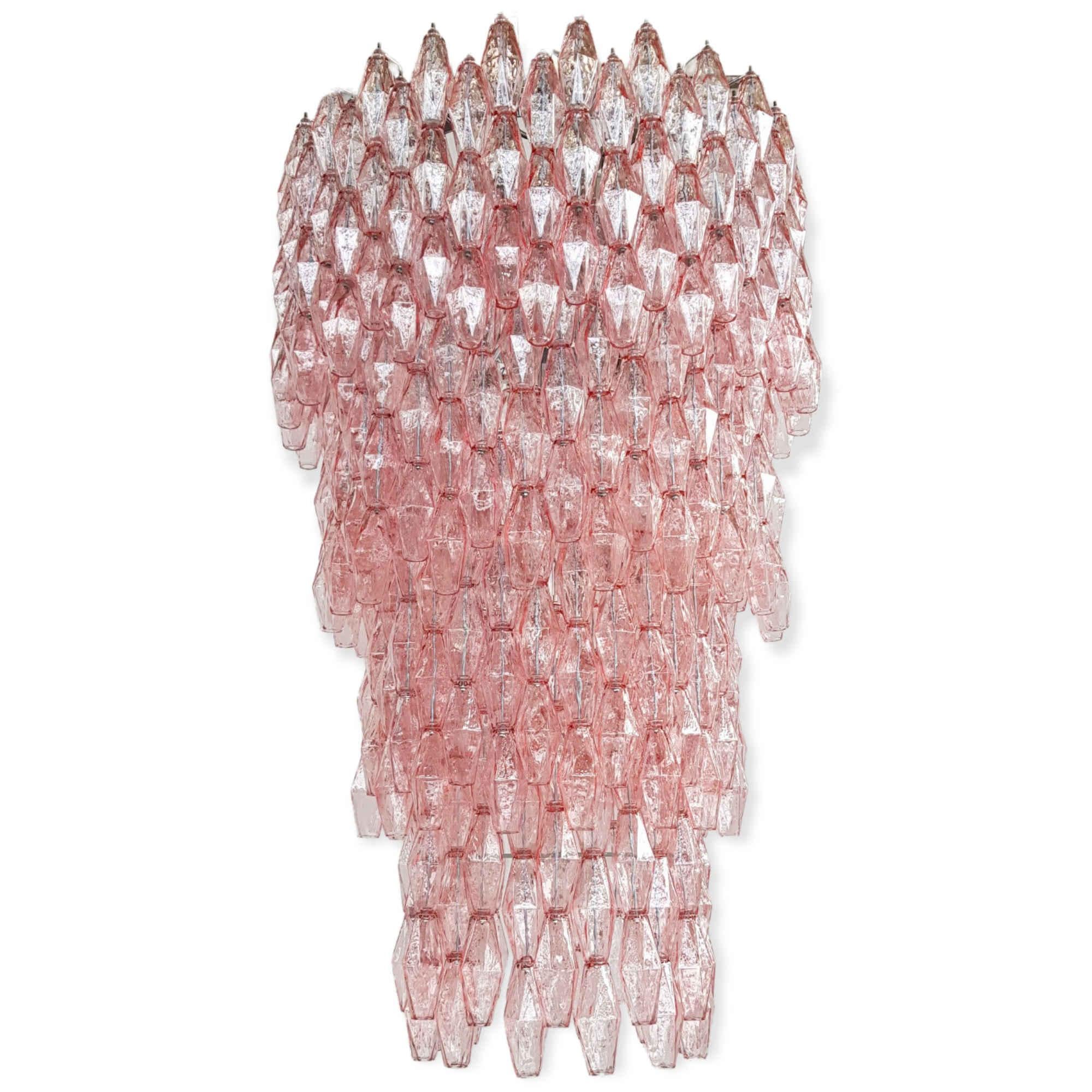 Oversized Italian chandelier with over 500 pink polyhedron / polyhedral shaped Murano glasses and a round frosted diffuser, mounted on chrome finish frame / Made in Italy
12 lights / E26 or E27 type / max 60W each
Diameter: 33.5 inches, height 50