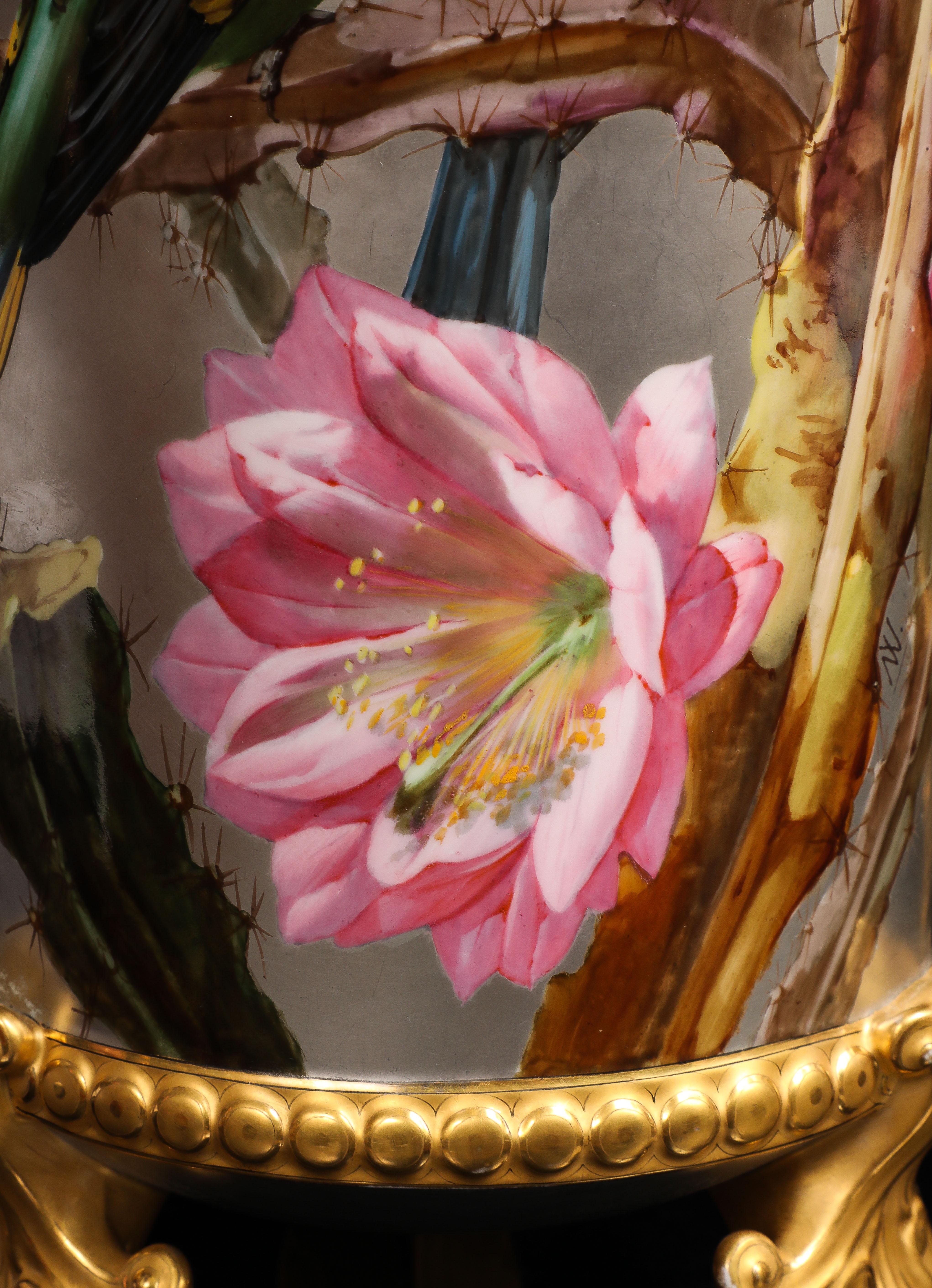 Massive Platinum-Ground Paris Vases with Birds & Flowers, Signed Narcisse Vivien For Sale 3