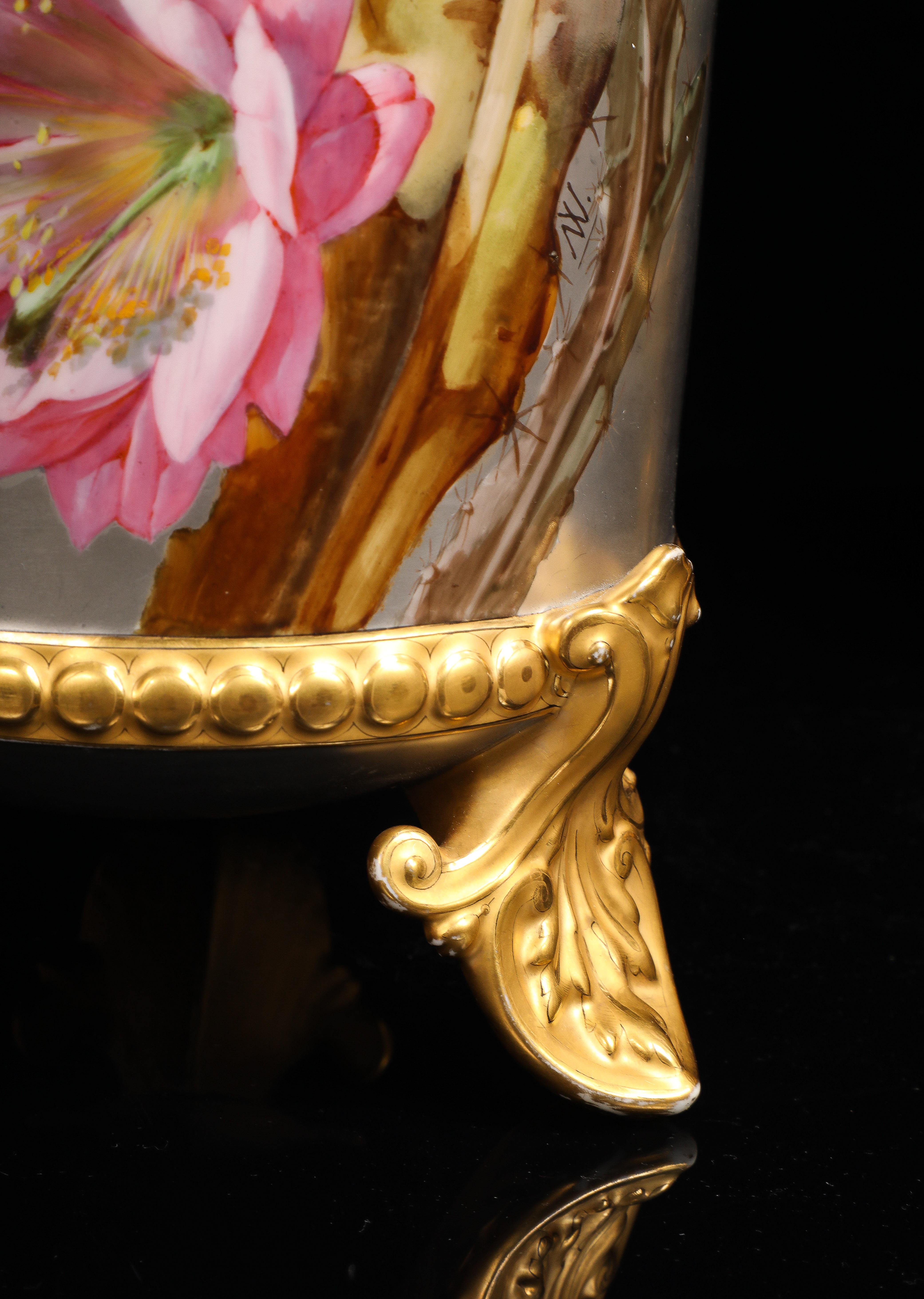 Massive Platinum-Ground Paris Vases with Birds & Flowers, Signed Narcisse Vivien For Sale 4
