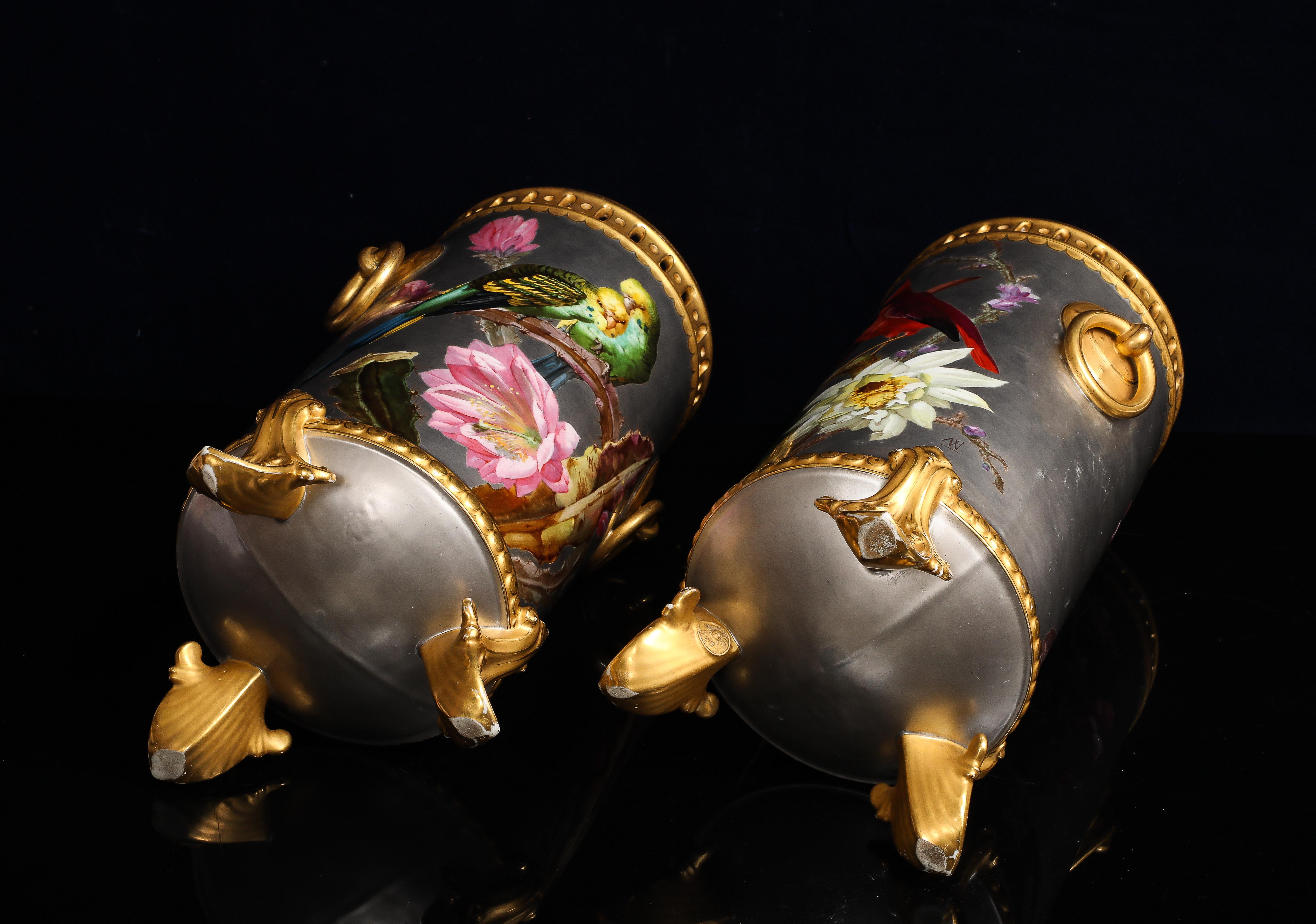 Massive Platinum-Ground Paris Vases with Birds & Flowers, Signed Narcisse Vivien For Sale 7