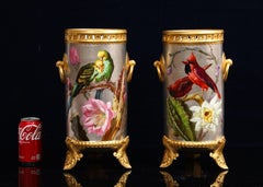 Massive Platinum-Ground Paris Vases with Birds & Flowers, Signed Narcisse Vivien