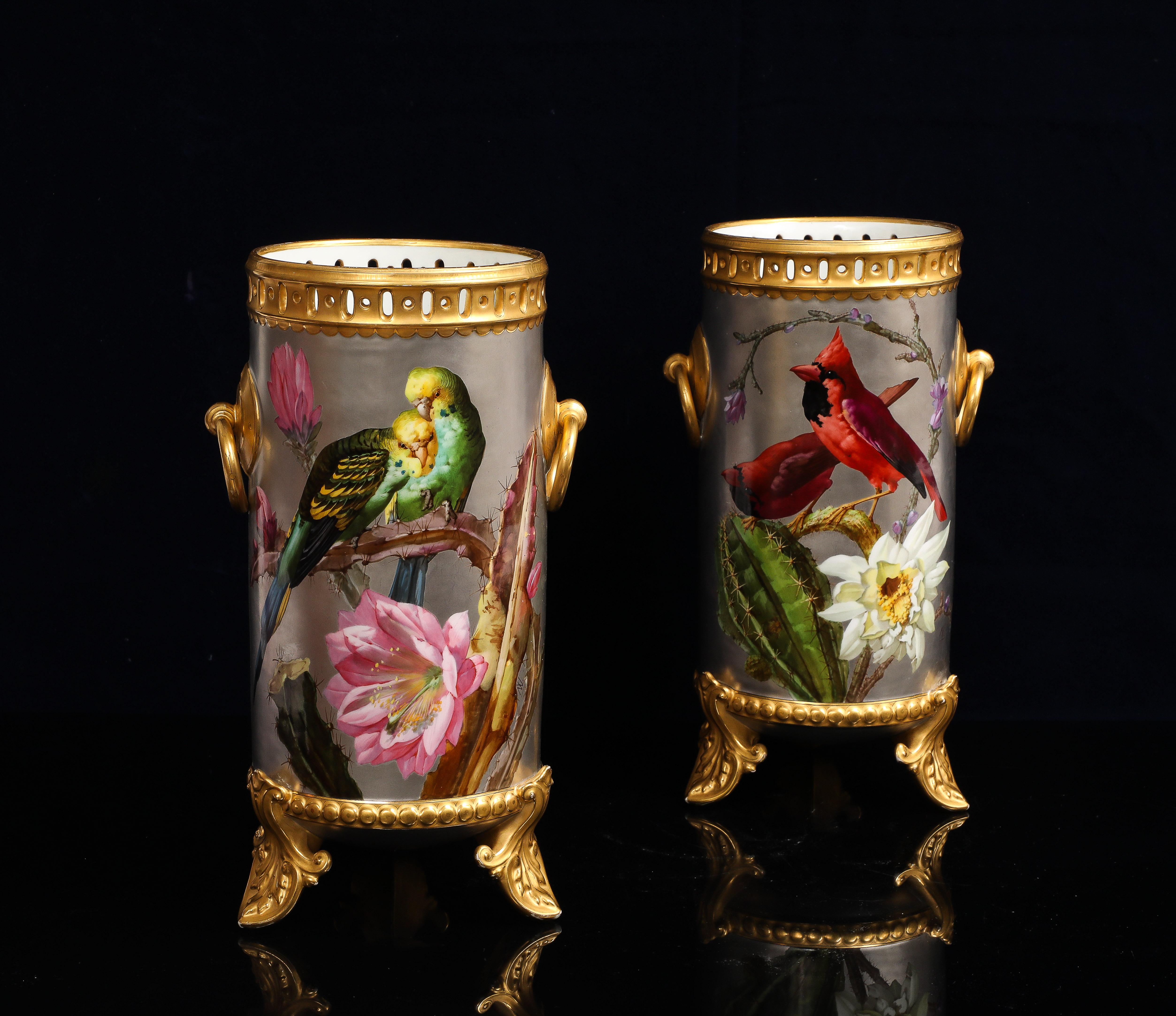 Louis XVI Massive Platinum-Ground Paris Vases with Birds & Flowers, Signed Narcisse Vivien For Sale