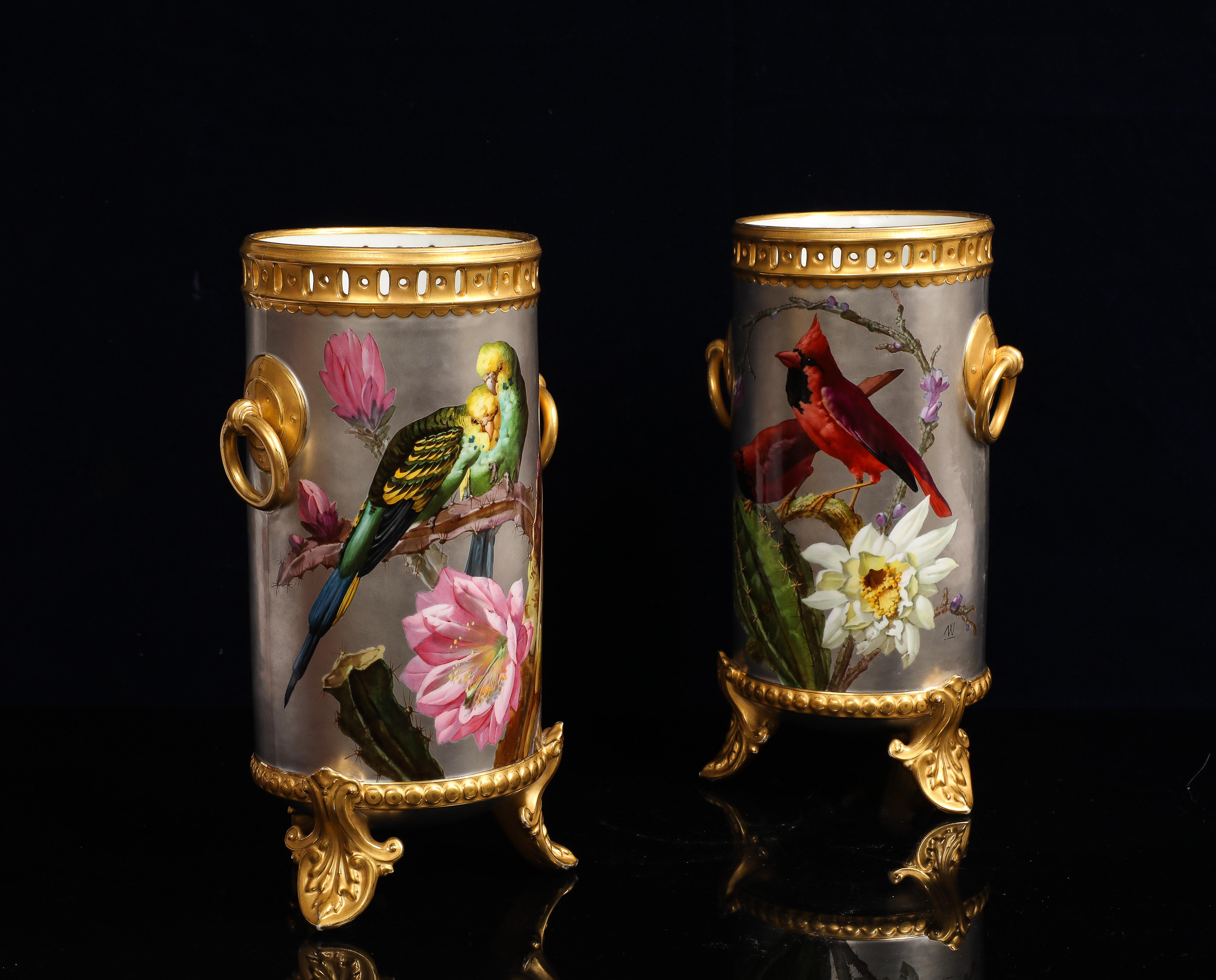French Massive Platinum-Ground Paris Vases with Birds & Flowers, Signed Narcisse Vivien For Sale