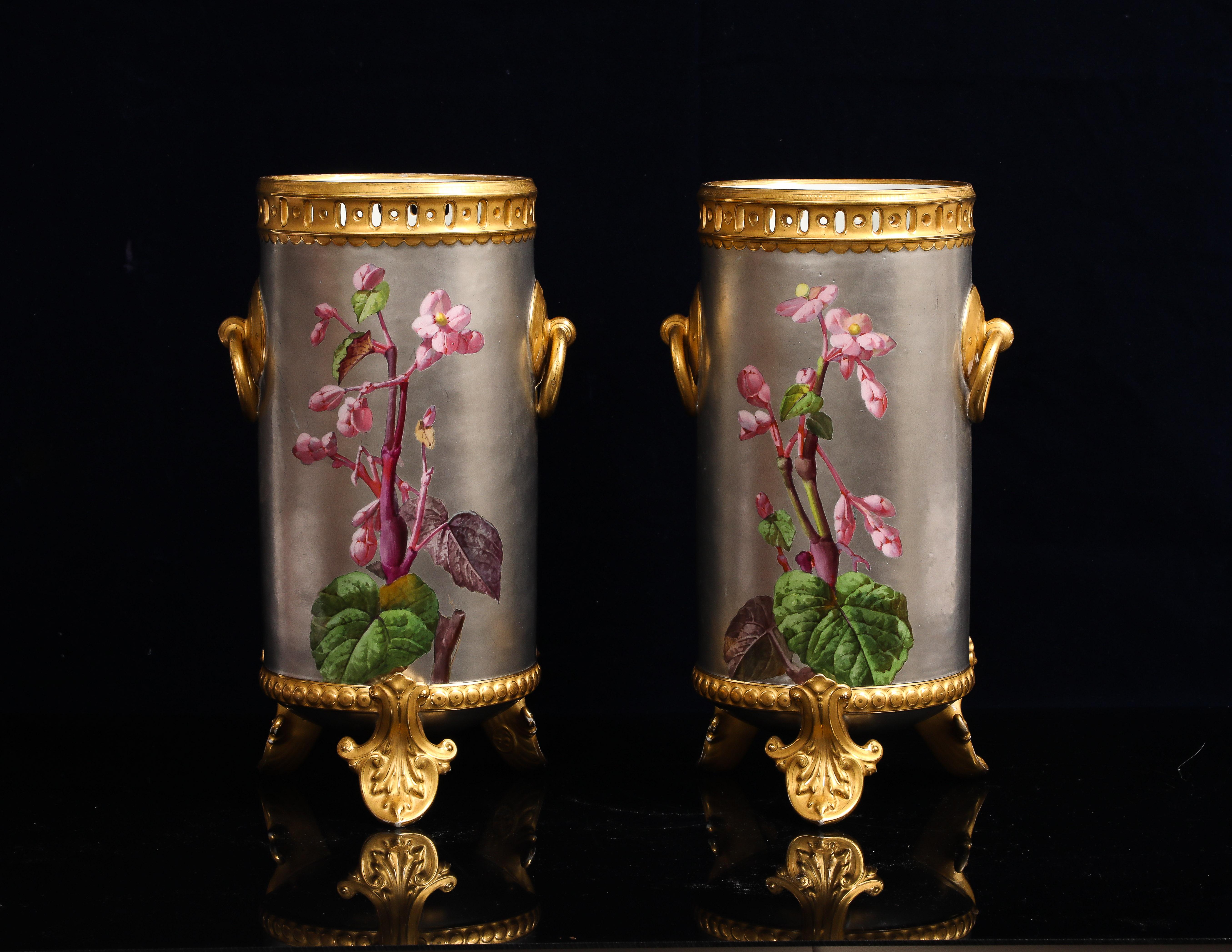 Enameled Massive Platinum-Ground Paris Vases with Birds & Flowers, Signed Narcisse Vivien For Sale