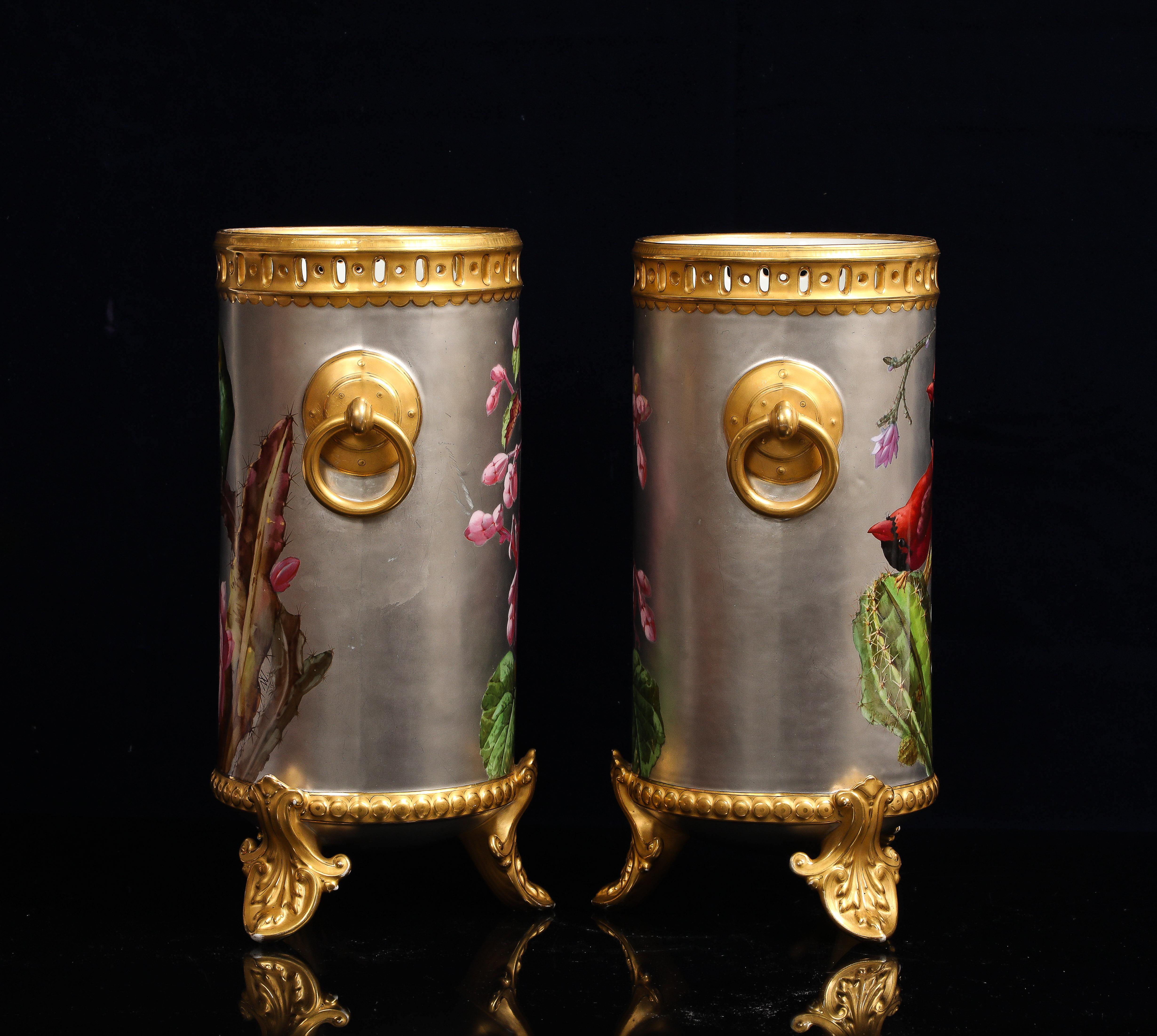 Massive Platinum-Ground Paris Vases with Birds & Flowers, Signed Narcisse Vivien In Good Condition For Sale In New York, NY